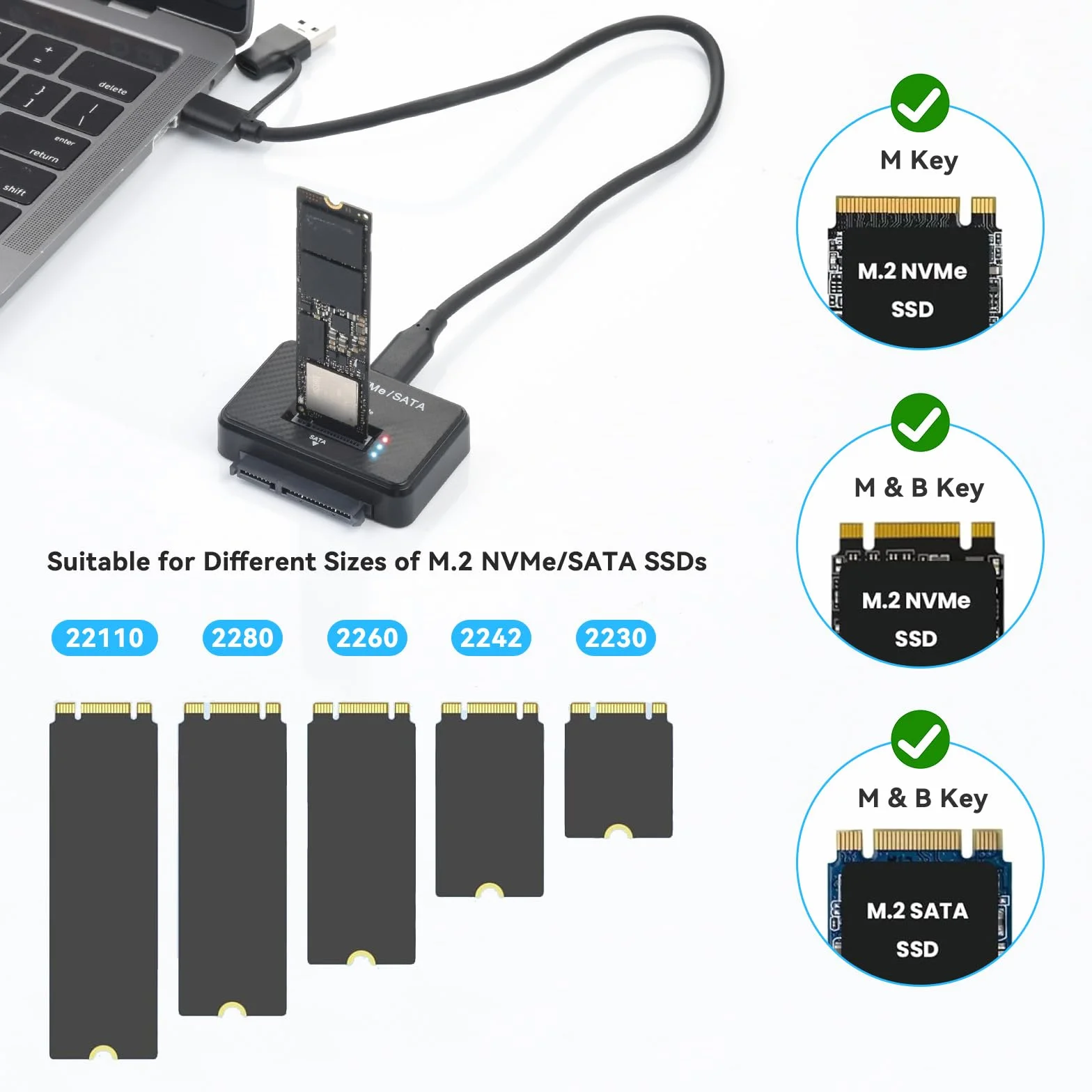 ELUTENG Stacja dokująca M.2 NVME i SATA, zewnętrzna obudowa USB 3.1 NVMe SSD 10 Gbps na USB do klucza M-Key B&M, Dual Protocol Adapter do SSD 2230/2242/2260/228