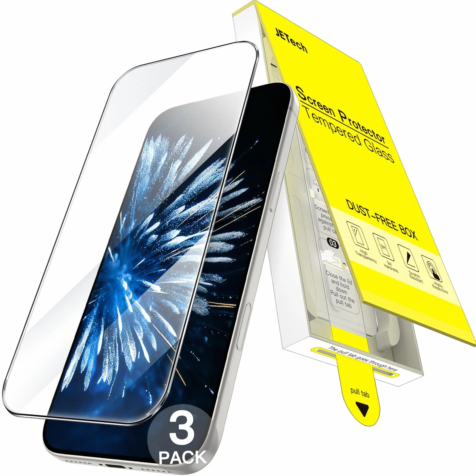 JETech Ochraniacz Ekranu dla iPhone 15 Pro 6,1 Cala, Jednym Kroku Łatwa Instalacja z Auto-Wyrównywaniem Pudełko bez Bąbelków, 9H Szkło Hartowane Film, HD Przejaśniać, 3 Sztuki