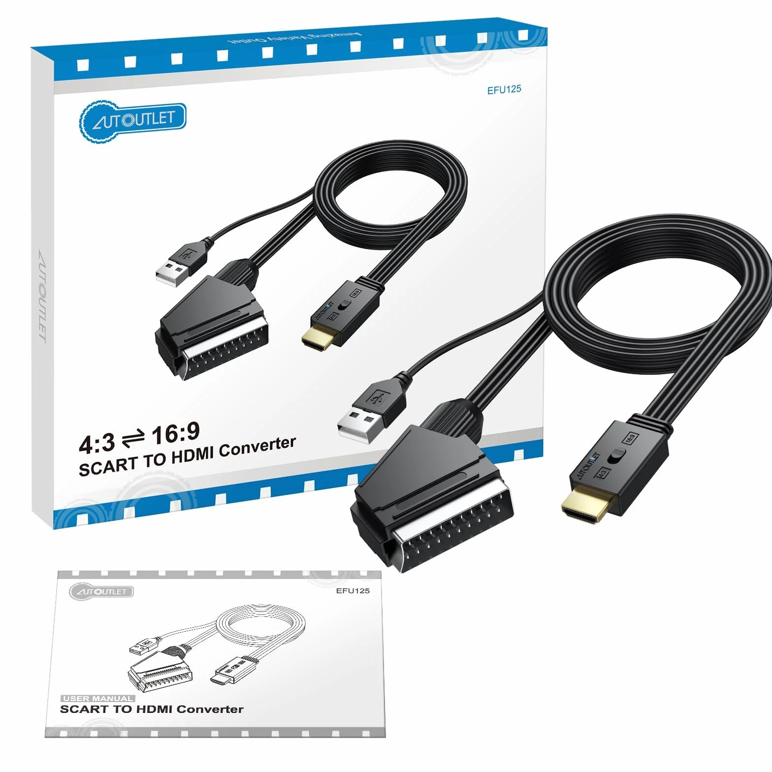 AUTOUTLET Konwerter Scart na HDMI, konwersja 16:9/4:3 i PAL/NTSC, 1080p SCART na HDMI adapter z 150 cm męski zintegrowany kabel, adapter wideo konwerter audio do HDTV, VCR, VHS, DVD