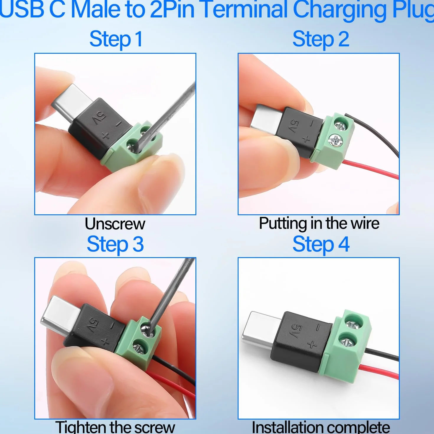 QIANRENON Adapter USB C, 2 piny, bezlutowna wtyczka na złącze zaciskowe, ładowanie 5 V 1,5 A, bez transferu danych, 4 sztuki w opakowaniu