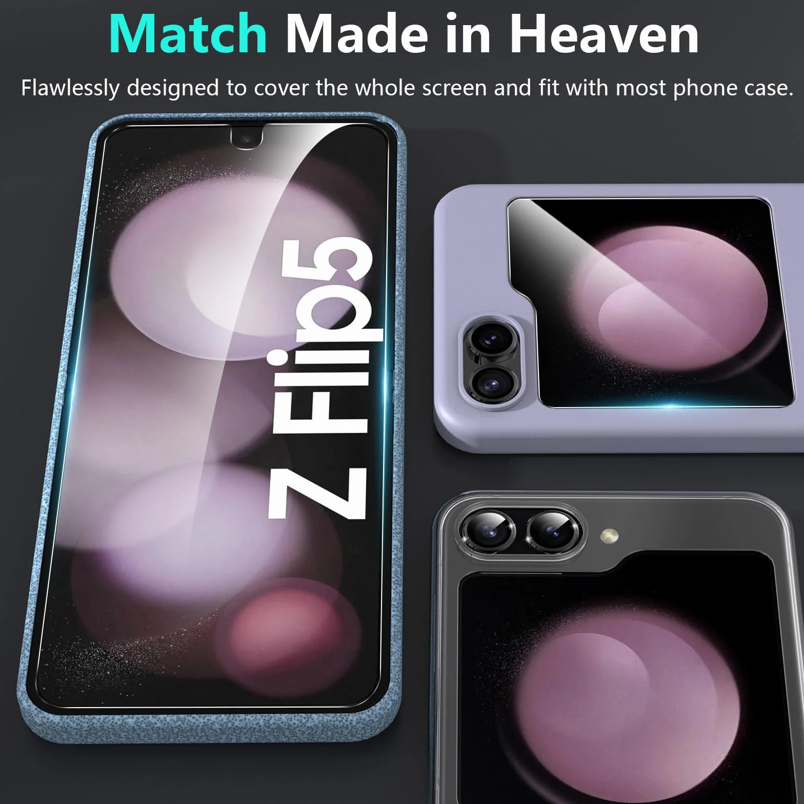 YWXTW Ulepszone narzędzie wyrównujące 2023 do Samsung Galaxy Z Flip 5, 2 sztuki wewnętrznego miękkiego EPU + 2 szt. przednich szkła hartowanego + 2 szt. metalowych ochraniaczy obiektywu aparatu,