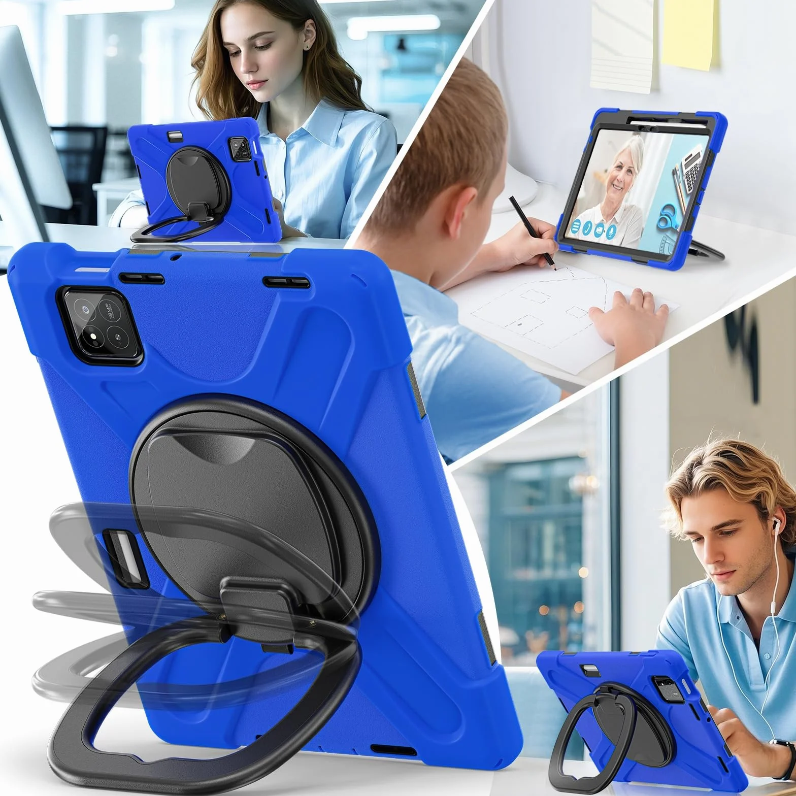 Pełne etui ochronne Etui na Xiaomi Mi Pad 8 / Mi Pad 8 Pro 11,2" 2025, odporne na wstrząsy, wytrzymałe etui z obrotową podpórką 360°, paskiem na rękę/ramię, wytrzymała obudowa na tablet(Blu)