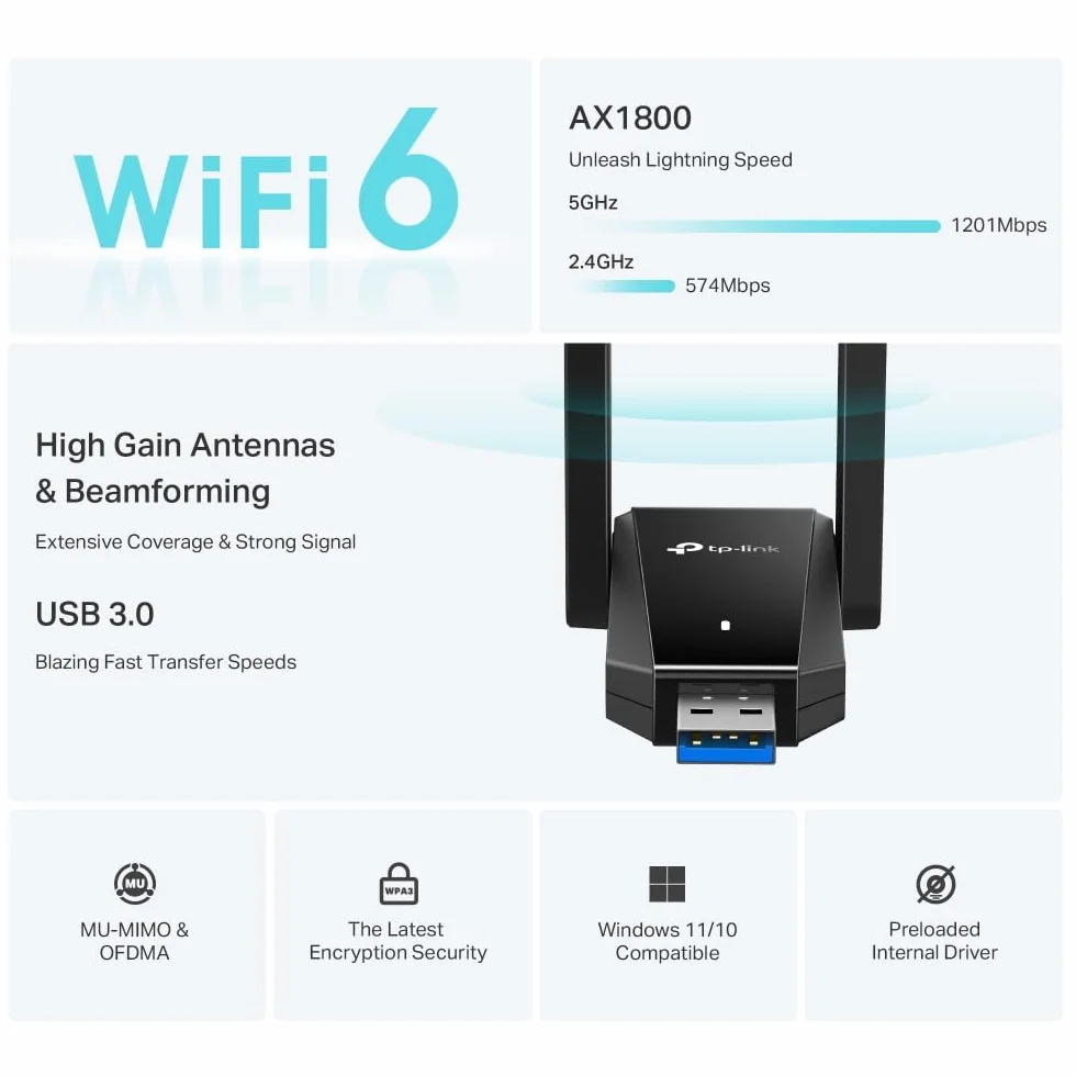 TP-Link Archer TX30U Plus WiFi 6 WiFi USB 3.0 AX1800 Mbps, 2 x wielokierunkowe anteny o wysokim wzmocnieniu, bezprzewodowa dwuzakresowa 5 GHz 1201 Mb/s + 2,4 GHz 574 Mbps, obsługuje Windows 11/10