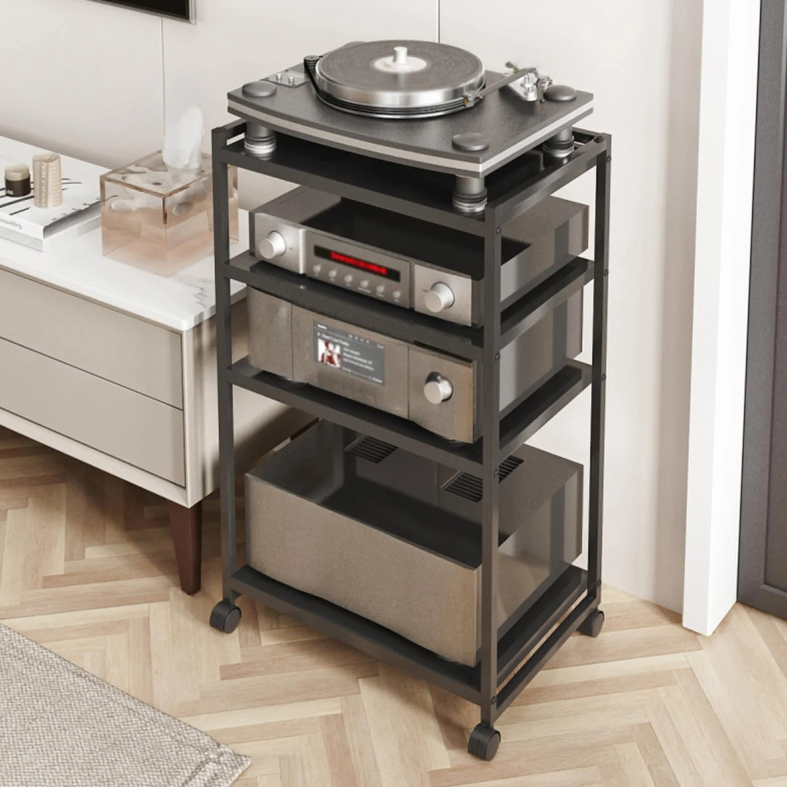 Stojak Na Media AV 4-poziomowy, Składana Metalowa Konsola Z Kółkami, Wyjmowane Półki, Stojak Na Sprzęt Audio Stereo, Stojak Na Płyty CD, Organizer Na Komponenty Rozrywkowe Do Gramofonu Kinowego