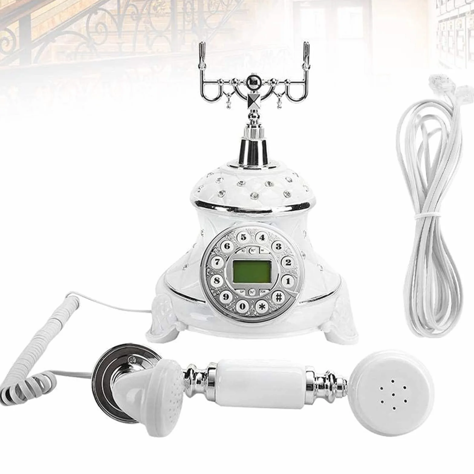 Vintage antyczny stary telefon. Biały europejski styl staromodne telefony stacjonarne biurko przewodowy telefon do domu biura hotelu wystrój