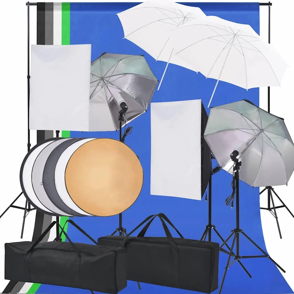 Zestaw oświetleniowy do studia fotograficznego z 5 tłami, aluminiowa rama, softboxy, abażury, reflektor, regulowane statywy, torby do przenoszenia portretów, zdjęć produktu, wideo, streamingu