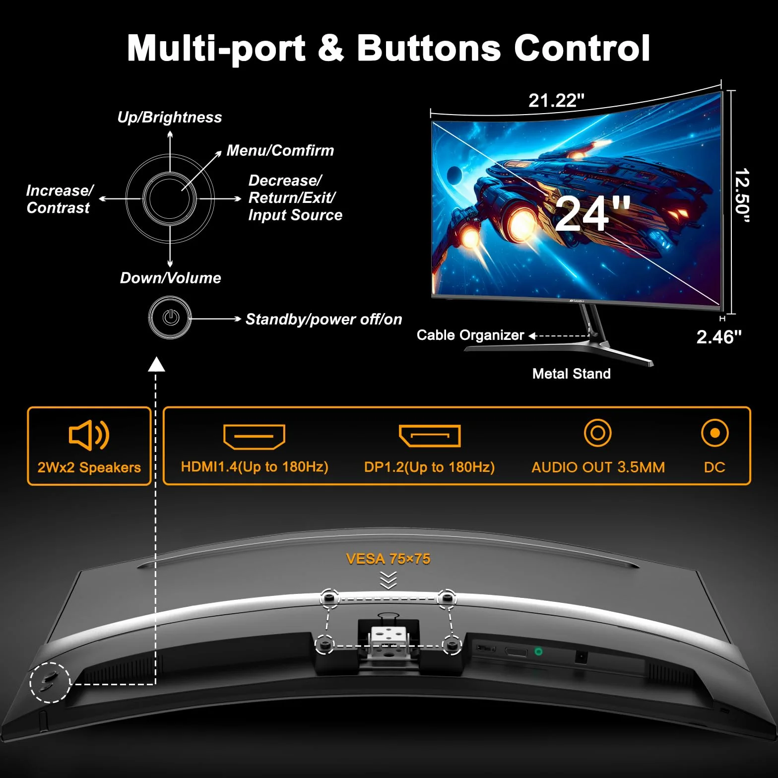 SANSUI Zakrzywiony monitor do gier 24 cale do 180 Hz MPRT 1 ms ze zintegrowanymi głośnikami, monitor komputerowy FHD 1080P Freesync 130% sRGB HDR, porty HDMI DP zamontować VESA wsparcie