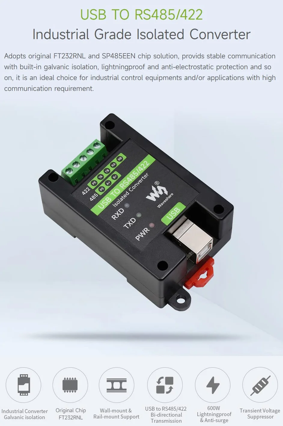 Waveshare USB to RS485/422, Industrial Grade Isolated Converter, Up to 1200m Long-distance Transmission, Compatible With Mac/Linux/Android/Win11/10/8.1/8/7, Support Wall-Mount & Rail-Mount