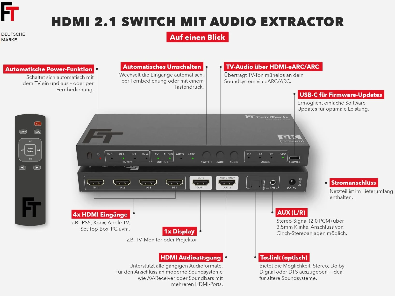 FeinTech SW411 HDMI 2.1 Switch 4 w 1 Out z ekstraktorem audio do systemów dźwiękowych z wejściem HDMI, Toslink i AUX, obsługuje 4K 120Hz i 8K