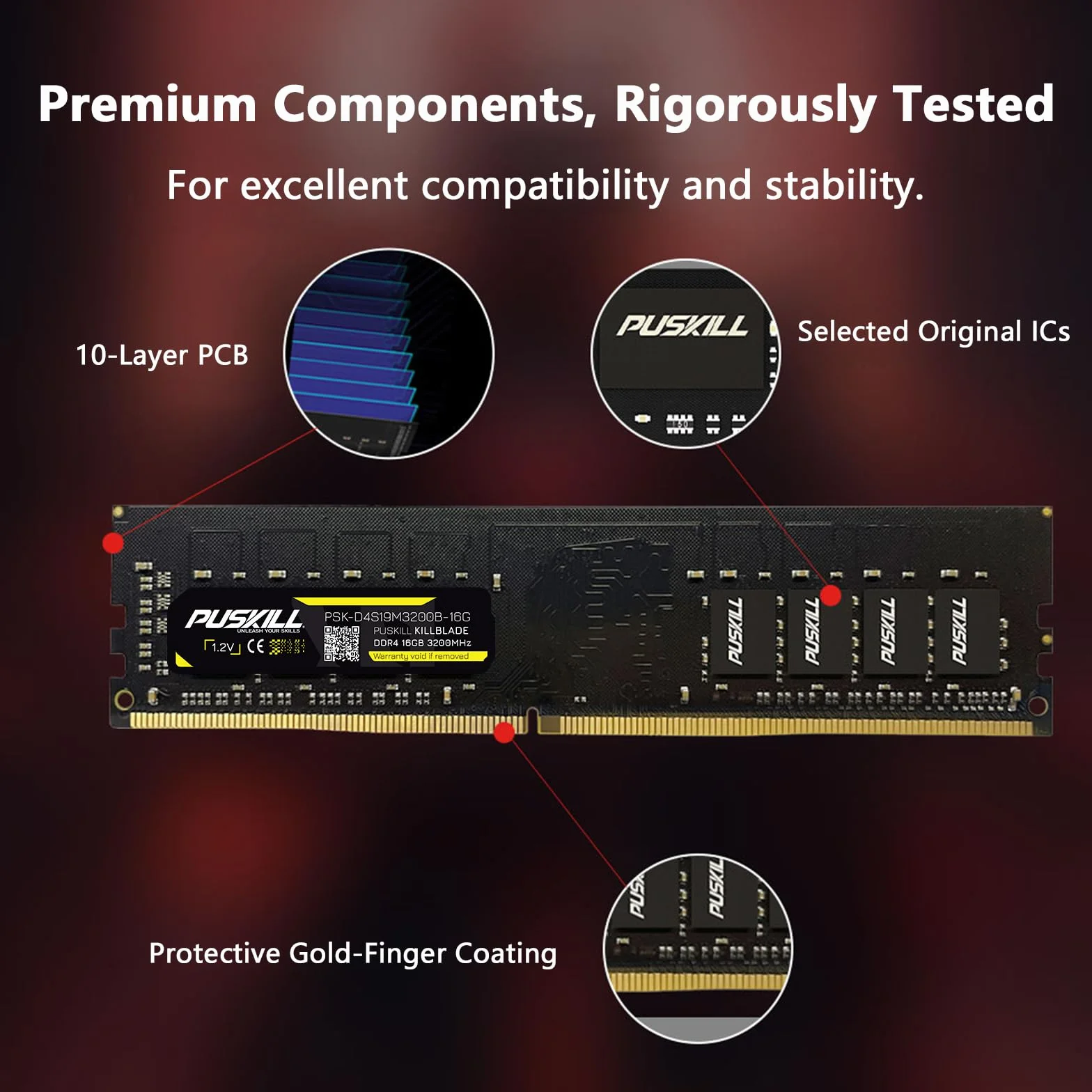 PUSKILL DDR4 32 GB (2 x 16 GB) 3200 MHz PC RAM, CL16-18-18-42, 1,35 V, zestaw pamięci stacjonarnej do gier i obliczeń o wysokiej wydajności, kompatybilny z Intel i AMD