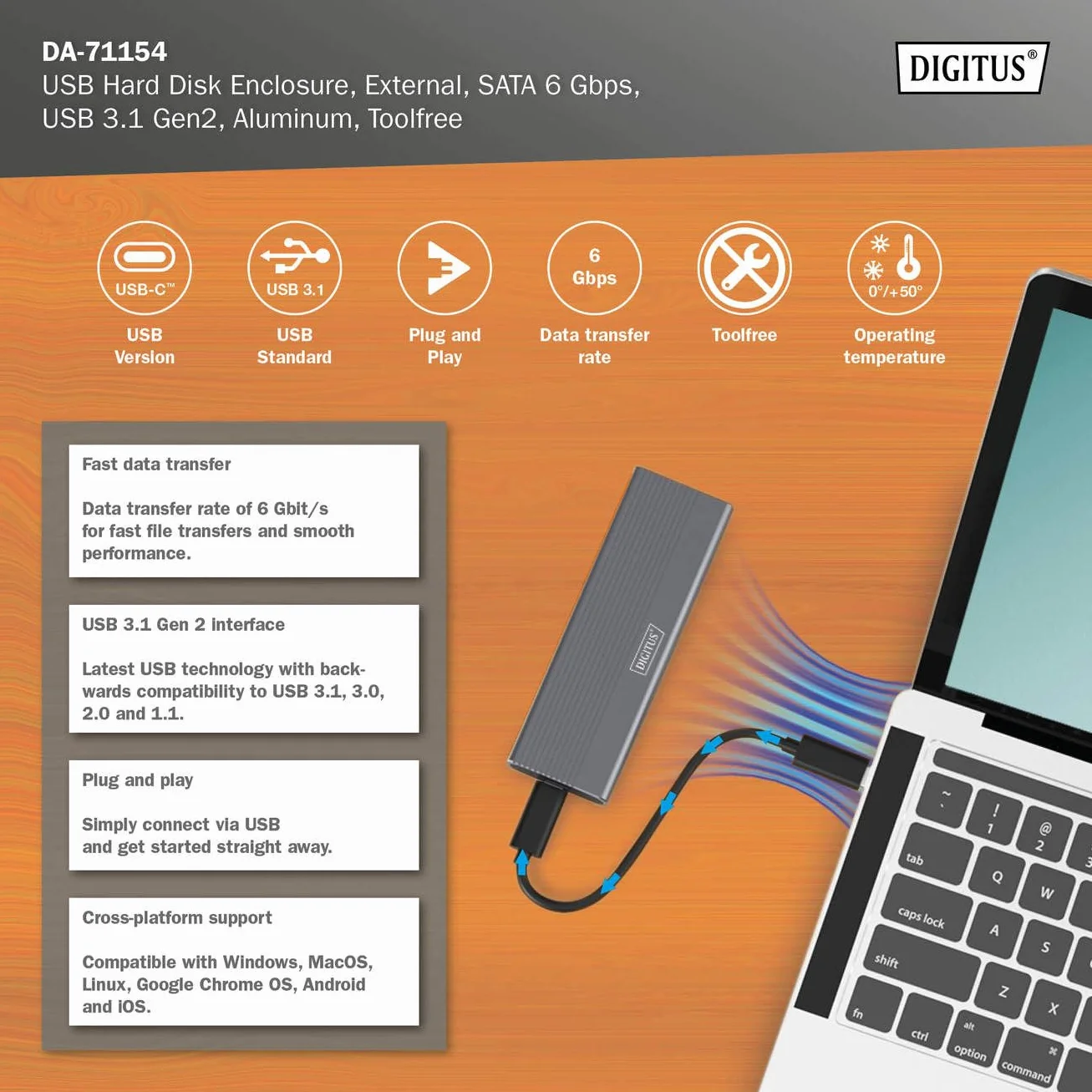 DIGITUS Zewnętrzna obudowa M.2 - USB 3.1 Gen2 Typ-C - 6 Gbit/s - obsługuje SATA SSD do 8 TB - do dysków SSD 2230/2242/2260/2280 z B-Key - bez narzędzi - obudowa aluminiowa - szara