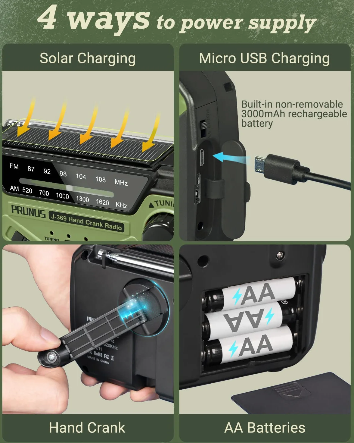 PRUNUS J-369 radio korbowe FM/AM, zasilanie bateryjne, korba solarna, z powerbankiem o pojemności 3000 mAh, radio awaryjne z alarmem SOS, latarką i lampką do czytania, na kemping, do domu, w sytuacji