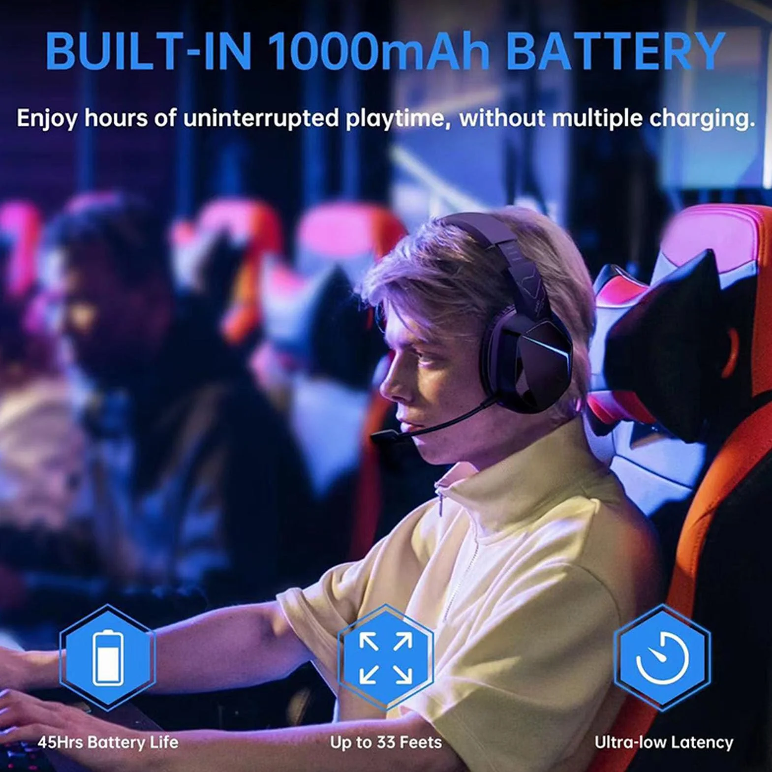 Bezprzewodowy Zestaw Słuchawkowy do Gier z Mikrofonem, Słuchawki do Gier Bluetooth, Bateria 45 Godzin, Fajne Oświetlenie RGB, Dźwięk Stereo, Ergonomiczna Konstrukcja, do Laptopa