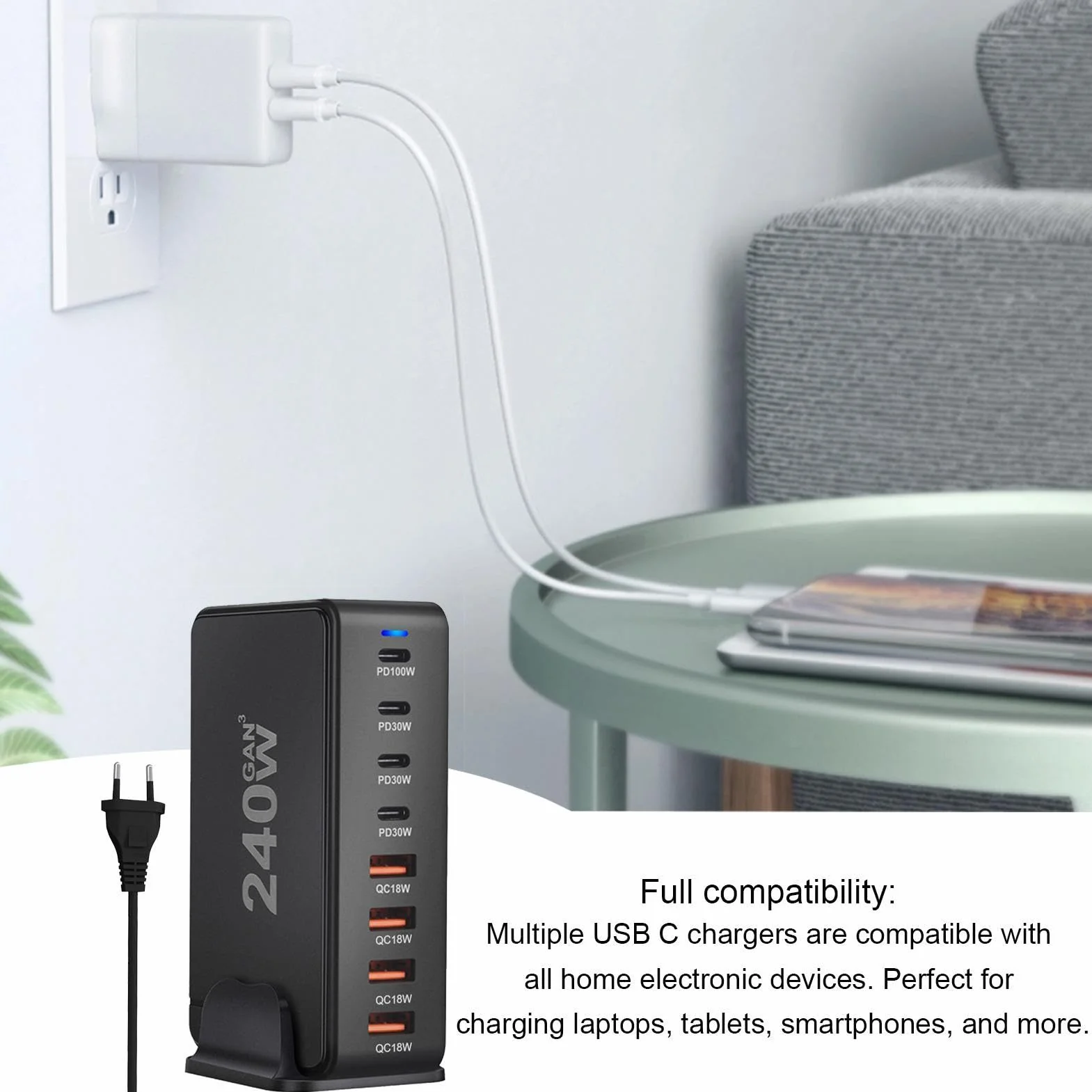 Stacja ładująca USB C na biurko | 8-portowy adapter do ładowarki USB C | 4a4c Pd QC zasilacz do laptopa z super szybkim ładowaniem, zasilacz do laptopa