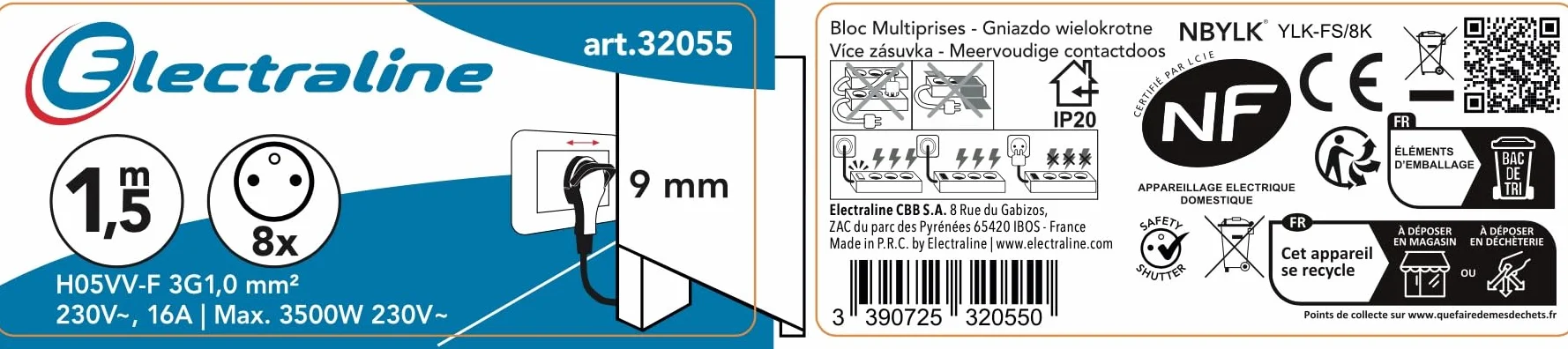Electraline listwa zasilająca 8 gniazd 1.5 m czarna