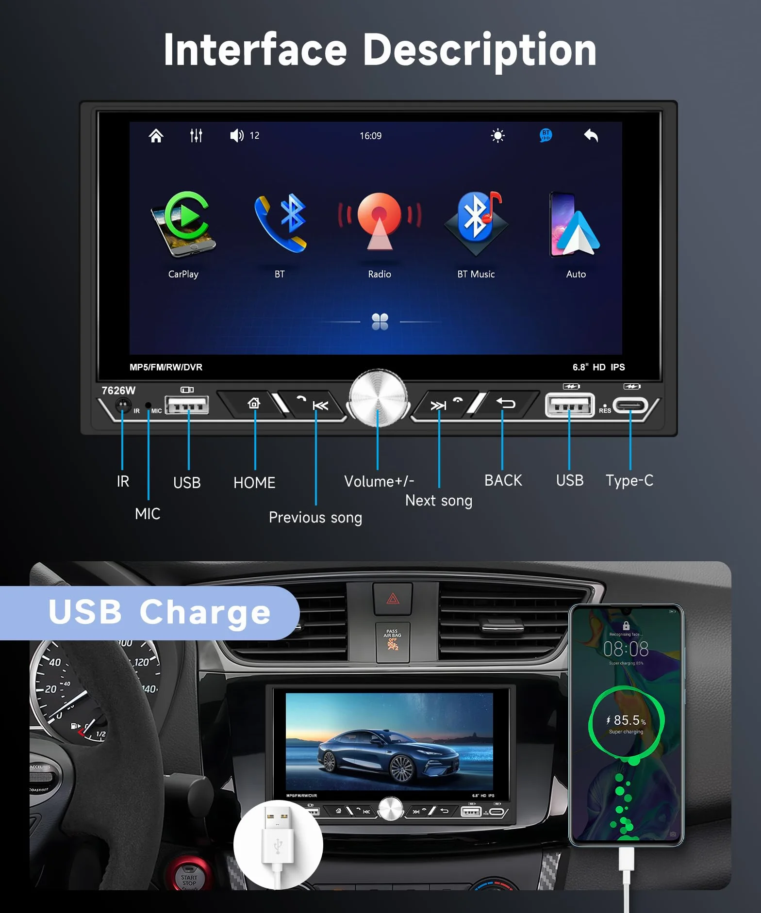 VECHTEL Radio samochodowe 2 Din z bezprzewodowym samochodem z funkcją Carplay z systemem Android, 6,8" IPS HD, ekran dotykowy stereo, samochody, obsługa Bluetooth 5.2 FM/AM/RDS 2USB / typ C Mirror