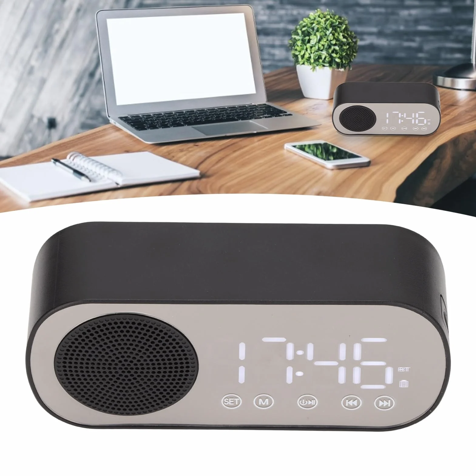 Budzik Radiowy, Ustawienie Podwójnego Budzika, Przenośne, Dostrojone Cyfrowe Radio FM, z Głośnikiem Muzycznym Bluetooth, Duży Ekran LED, Wiadomości, Prognozy Pogody
