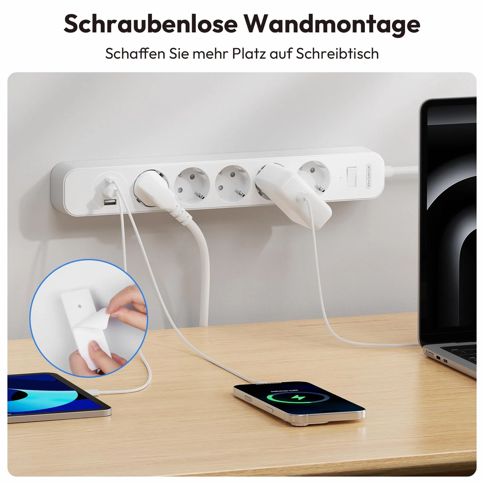 NTONPOWER Listwa zasilająca z 5 gniazdami USB C, wielokrotne gniazdko ścienne, kabel przedłużający, 1,5 m, biała