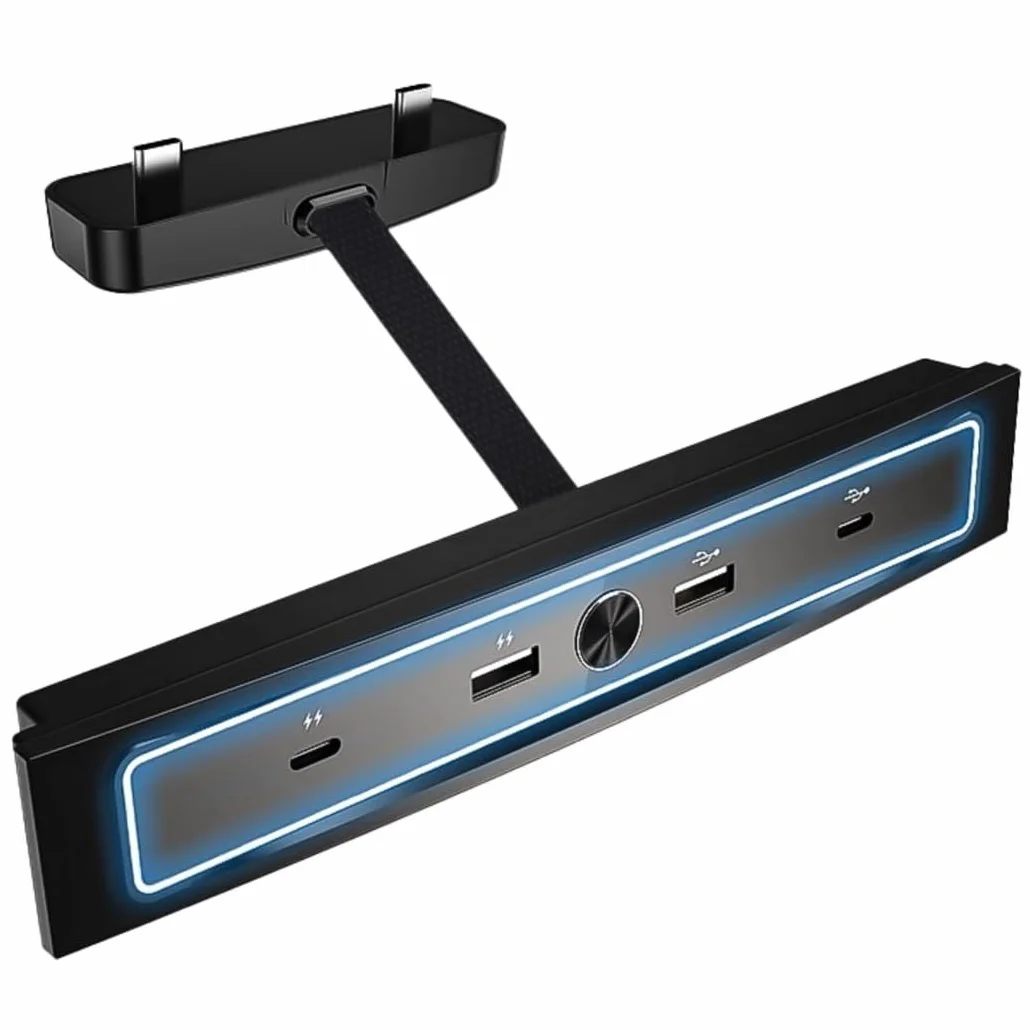Hub USB do Tesla Model 3 i Model Y 2021 2022 2023, 4-portowa stacja dokująca USB do adaptera konsoli środkowej Tesla, wieloportowa stacja dokująca ze światłem LED do ładowania samochodu i transmisji