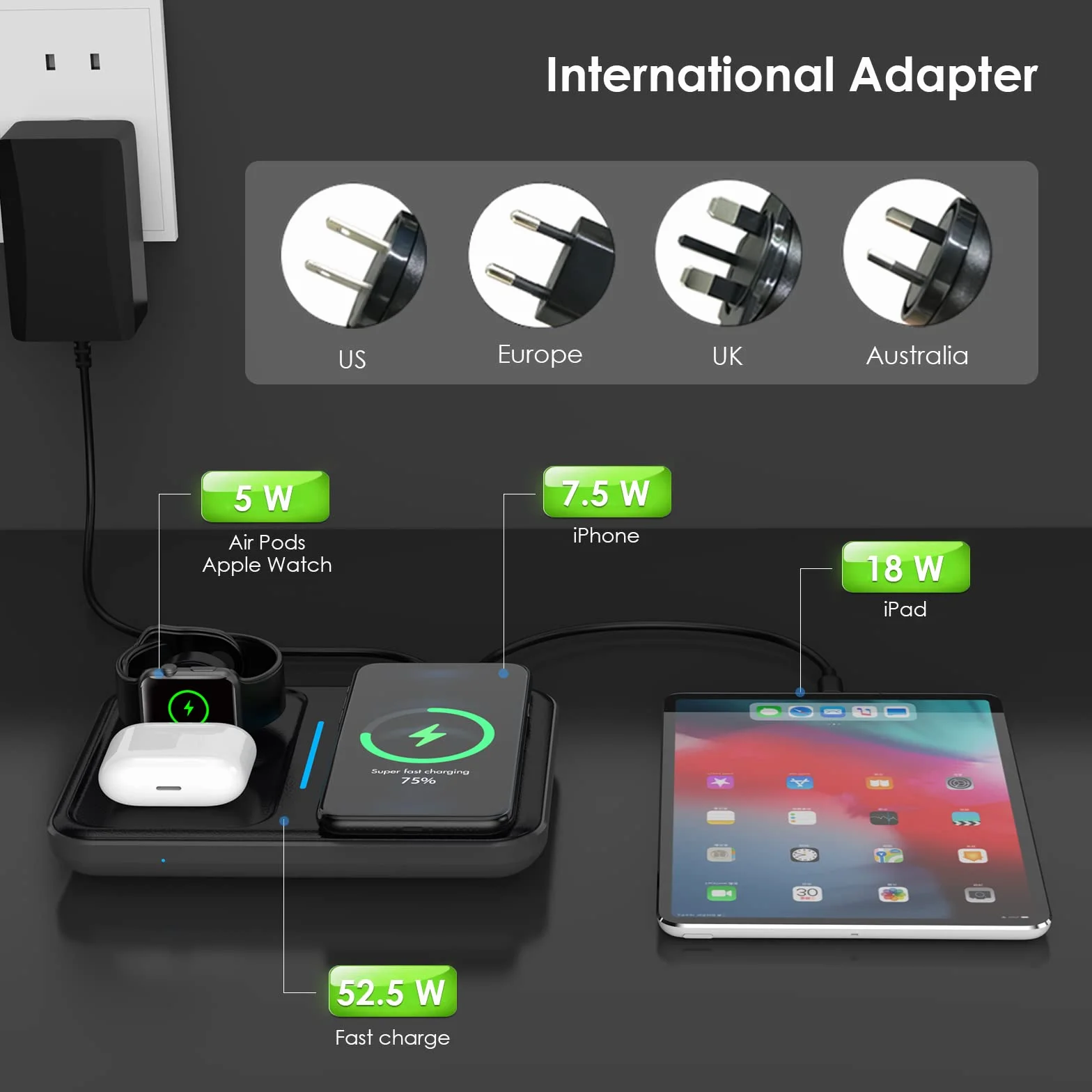 Mangotek Zamiennik dla bezprzewodowej ładowarki 3 w 1 Qi stacja ładująca ładowarka stacja dokująca z wyjściem USB C PD 18 W do Apple Watch i AirPods iPhone 13/12 Pro Max/11/SE/XS Max/XR/X/8/8Plus