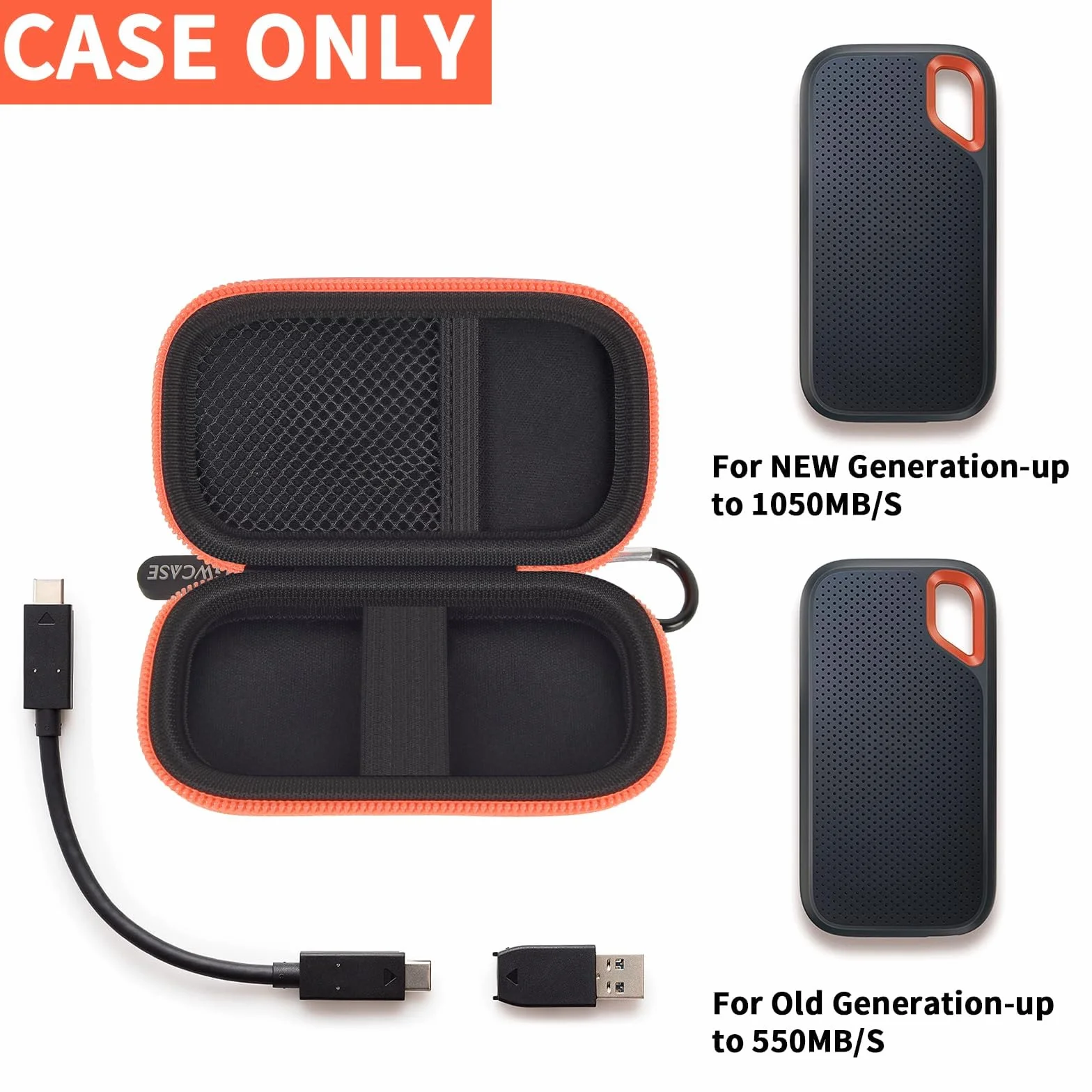Twarde etui kompatybilne z SanDisk 500 GB/ 1 TB / 2 TB / 4 TB Extreme Portable SSD - do 1050 MB/s - USB-C, USB 3.2 Gen 2 - zewnętrzny dysk półprzewodnikowy. Uchwyt podróżny na kable USB - niebieski