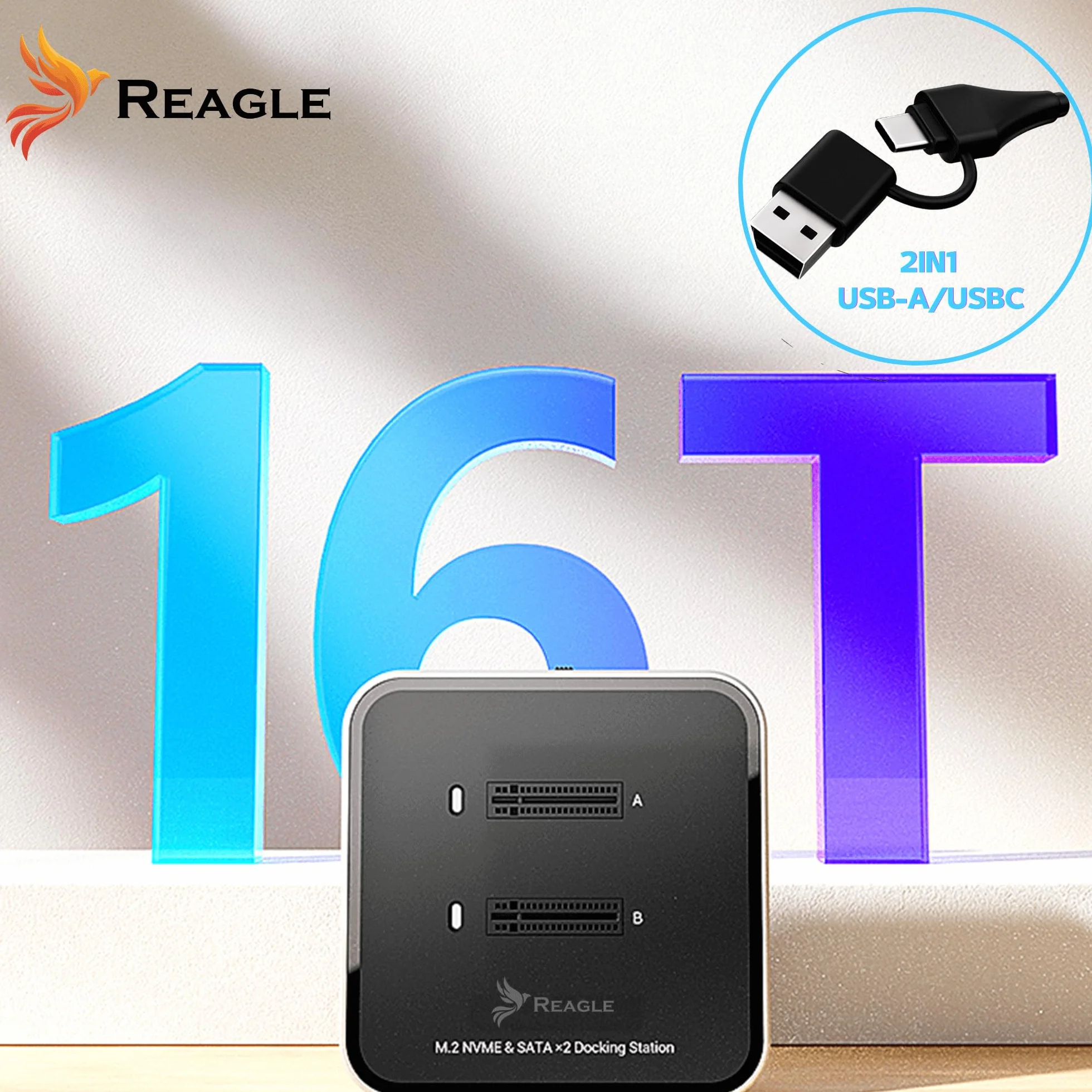 Reagle Dual M.2 NVMe SATA stacja dokująca, USB-C 3.2 Gen2 10 Gbit/s, 2 × M.2 SSD jednocześnie, wsparcie 16 TB, aluminiowa obudowa, klucz M i B+M Key, Plug & Play, w zestawie kabel USB-A/USB-C