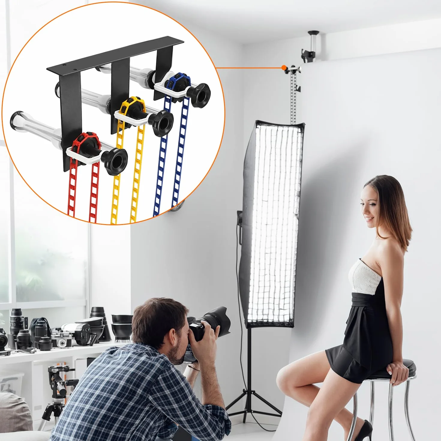 QWORK® Fotografia Tło System zawieszenia na 3 rolki - montaż na ścianie / suficie - nadaje się do rolek o średnicy wewnętrznej 50/60 mm - bezpieczne obciążenie 10 kg na rolkę