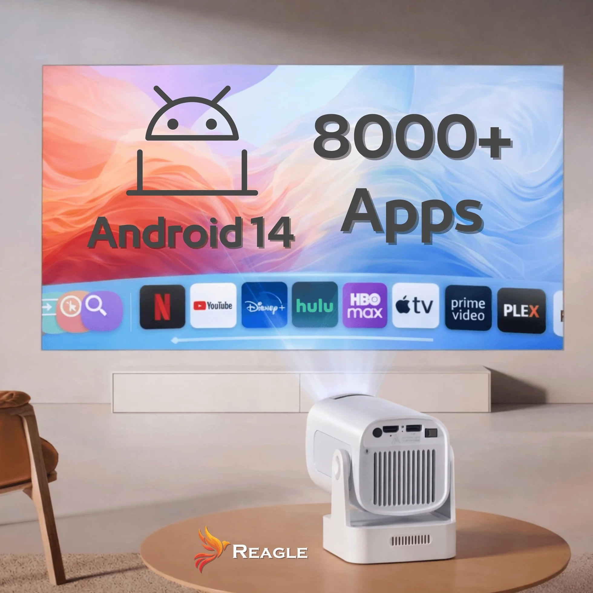 Reagle R-MOVIELUM-P30 Mini Projektor Full HD 1080P Android 14 WiFi Bluetooth Autofocus 330 ANSI LED Projektor Przenośny 130 Cali Keystone HDMI USB Smart TV Miracast Kino Domowe