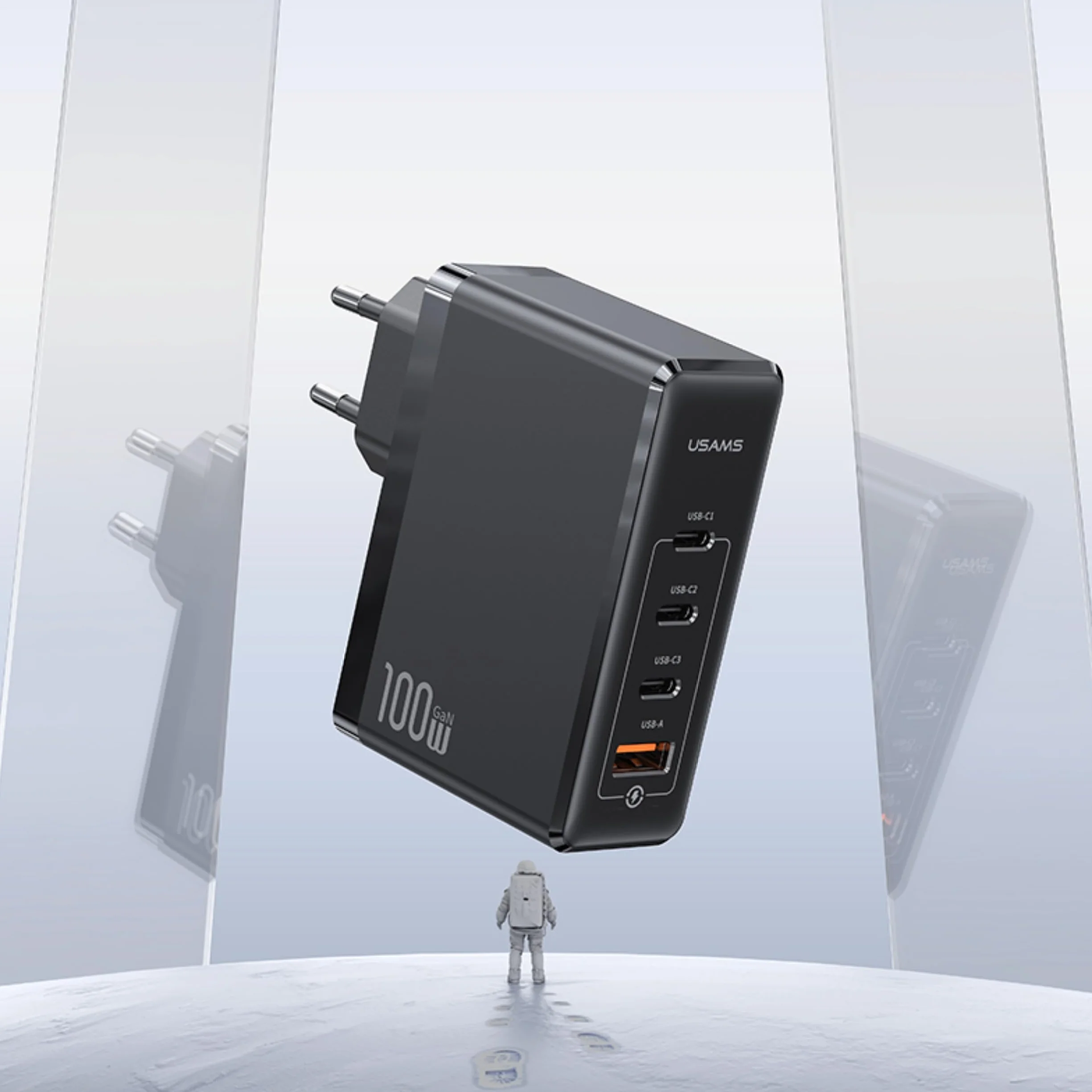 P4Y Ładowarka sieciowa 3XUSB-C+1XUSB US-CC163 T50 Szybkie ładowanie 100W QC3.0/QC2.0/AFC/SCP/FCP/PD3.0 Chip GaN (EU) Czarna