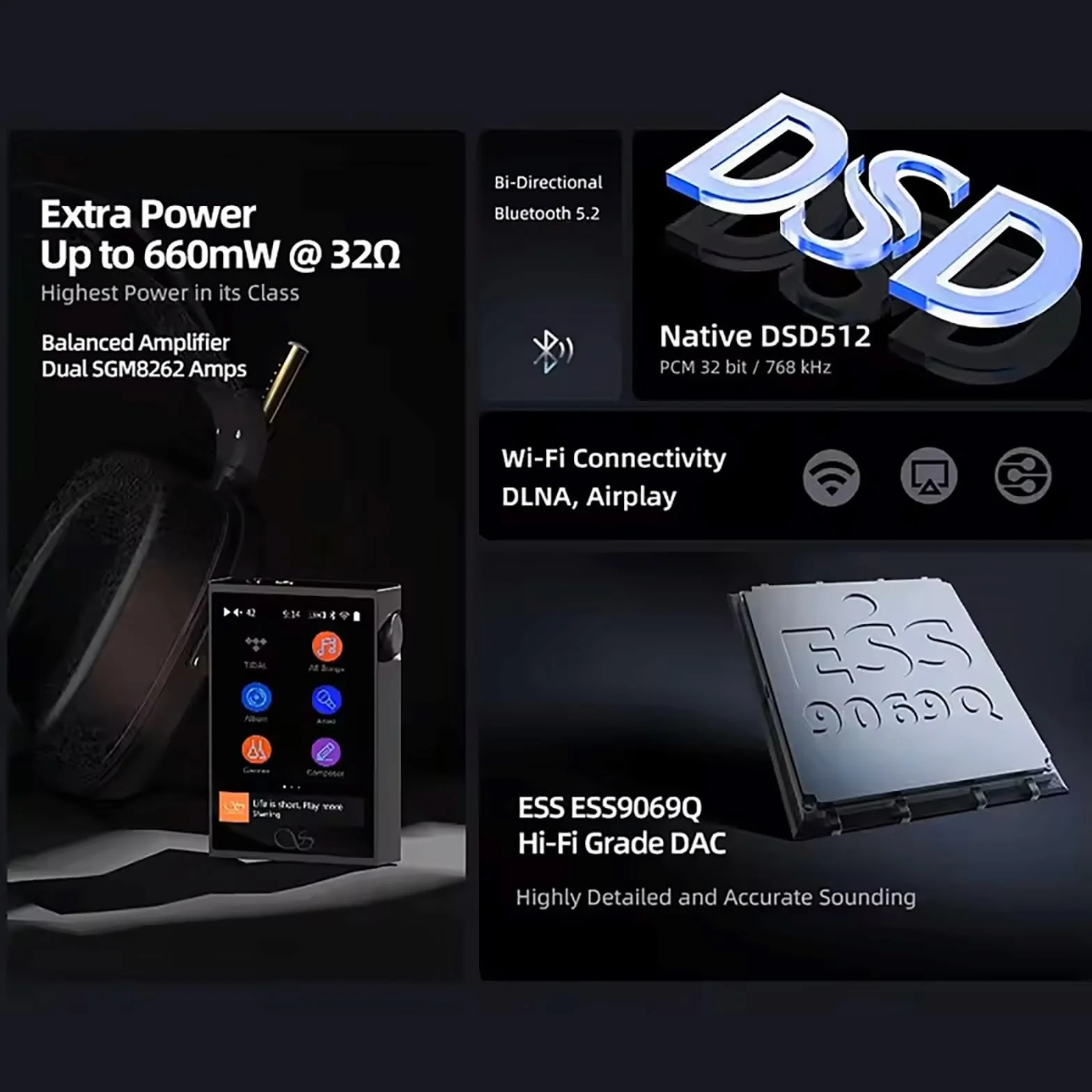 SHANLING M1 Plus Pure odtwarzacz muzyczny, przenośny odtwarzacz MP3 o wysokiej rozdzielczości, cyfrowy odtwarzacz audio Bluetooth 5.2, ES9069Q DAC, 768 kHz/32 bit, DSD512, 661 mW przy wyjściu 32 Ω