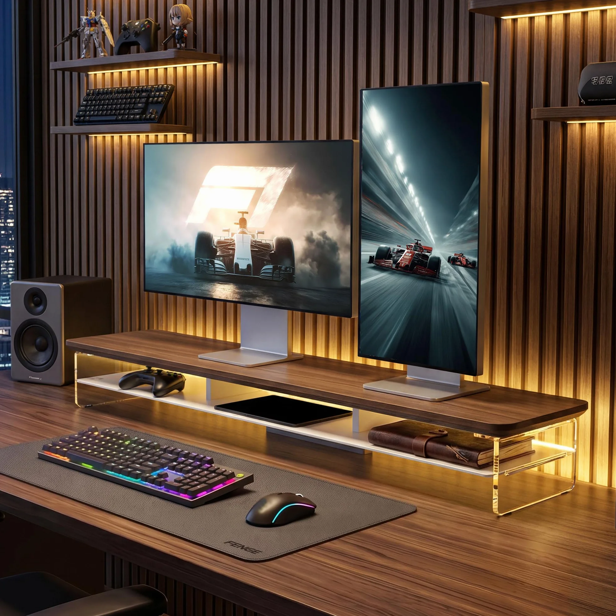 Fenge Akrylowy stojak na monitor Riser 108 cm, duży podwójny stojak na monitor z metalowym regałem, akcesoria biurkowe do laptopa/komputera/drukarki/ekranu TV, nośność 45 kg, brązowy