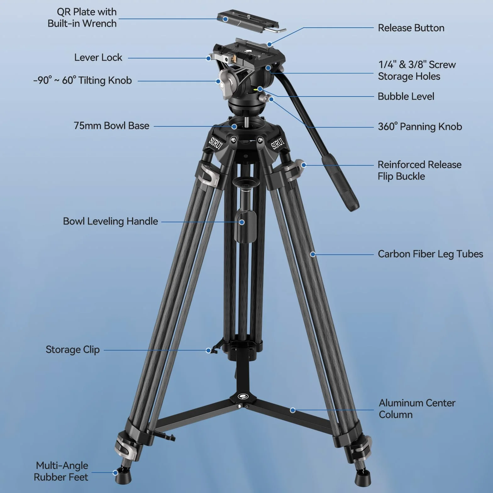 SIRUI AVT-12 Statyw wideo, profesjonalny statyw z włókna węglowego 185 cm, z głowicą płynu, do lustrzanek cyfrowych, profesjonalny, do kamer DSLR, maksymalne obciążenie 15 kg