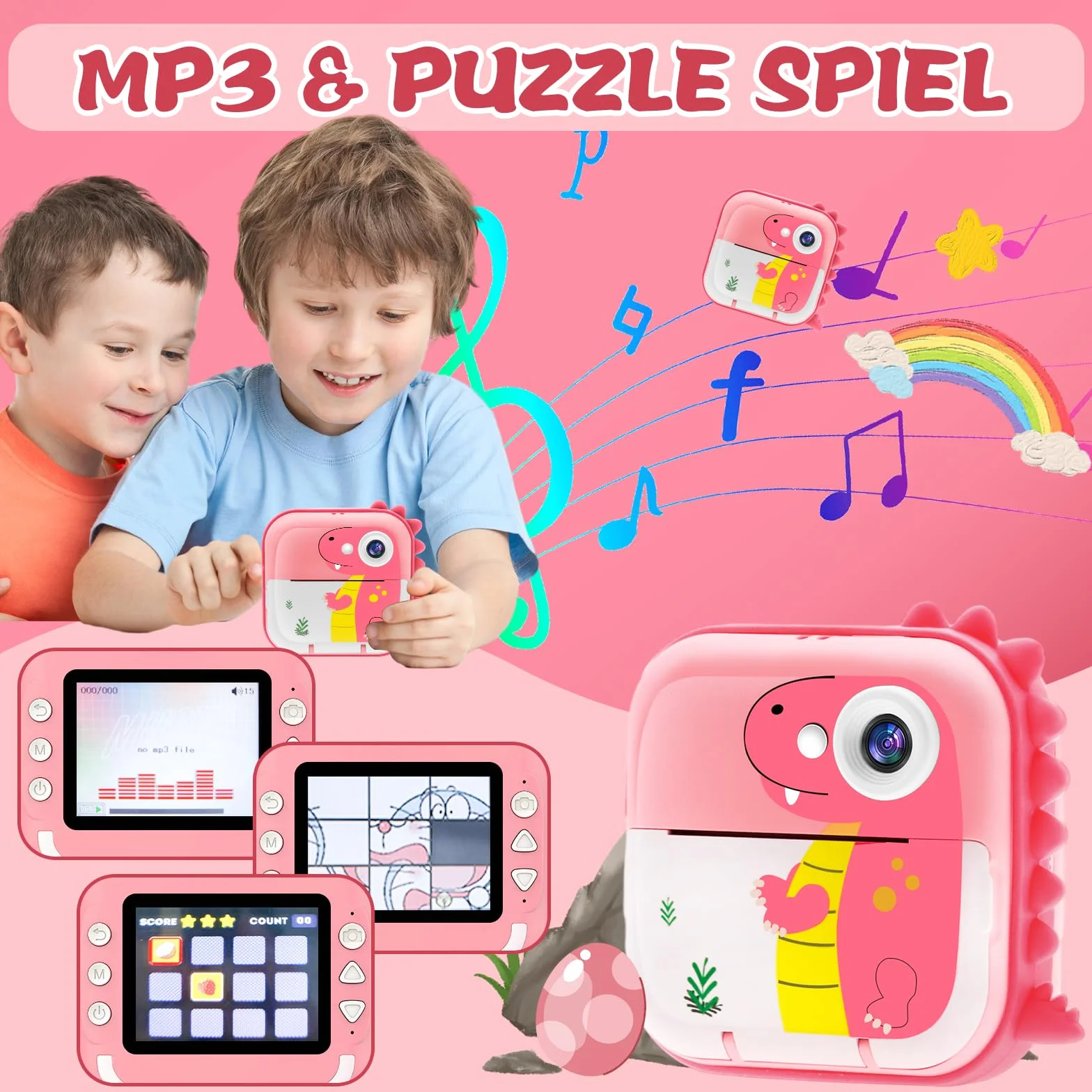TOYOGO Kamera natychmiastowego wydruku dla dzieci, bez tuszu, 2,4-calowy ekran LCD, 1080P & 12 MP, kamera cyfrowa z funkcją powiększenia, podwójny obiektyw, karta 32 GB, papier do druku w rolkach