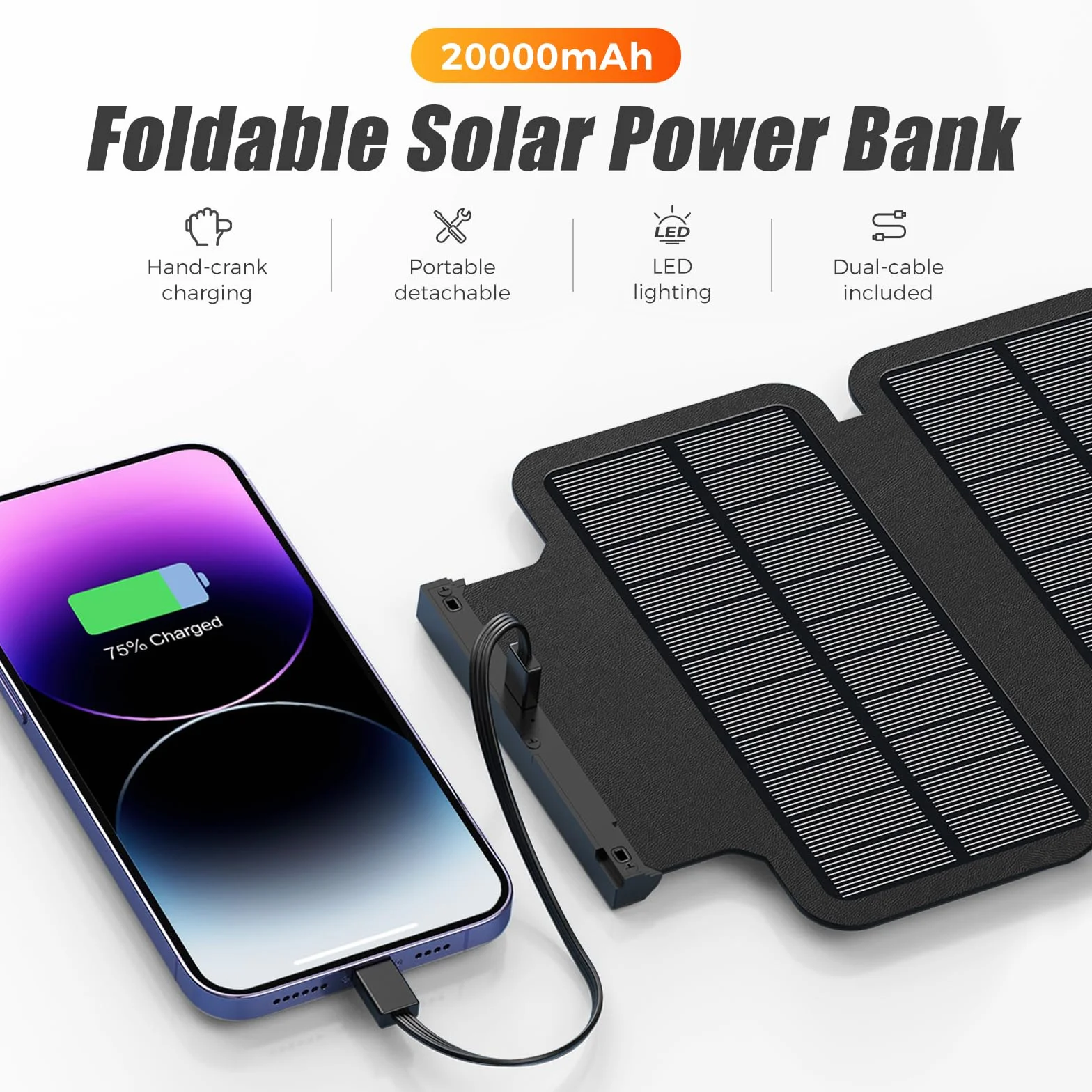 Solar Power Bank 20000mAh, przenośna ładowarka solarna, 5V/3A USB-C Fast Charge, 5W wireless, panel słoneczny 2W + korba ręczna, powerbank survival outdoor camping, LED SOS, USB-A/USB-C