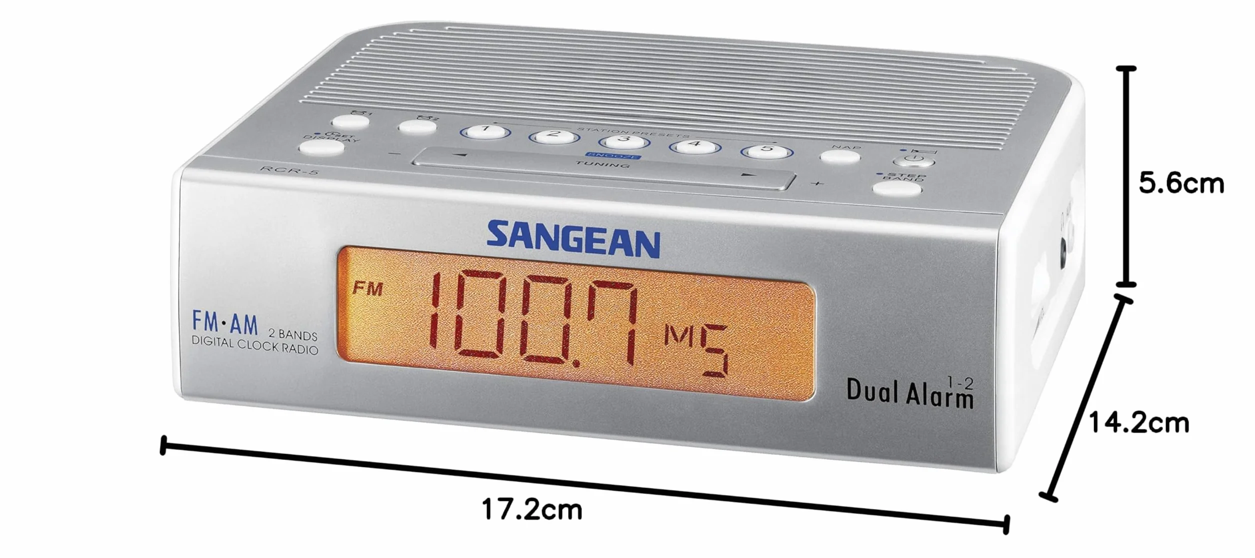 Sangean RCR-5 radio do zegarka (tuner UKW/MW, LCD) srebrny