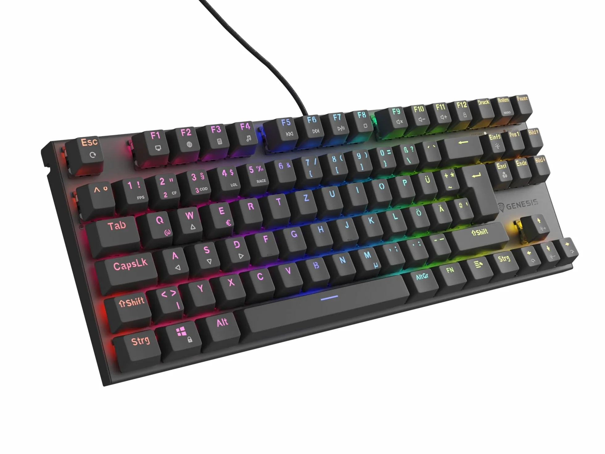 Genesis Thor 303 TKL mechaniczna klawiatura gamingowa QWERTZ, Brown Switch Gaming Keyboard 80%, Outemu Brown, Hot-Swap, oświetlenie RGB, 88 przycisków, Anti-Ghosting, USB-A, czarna