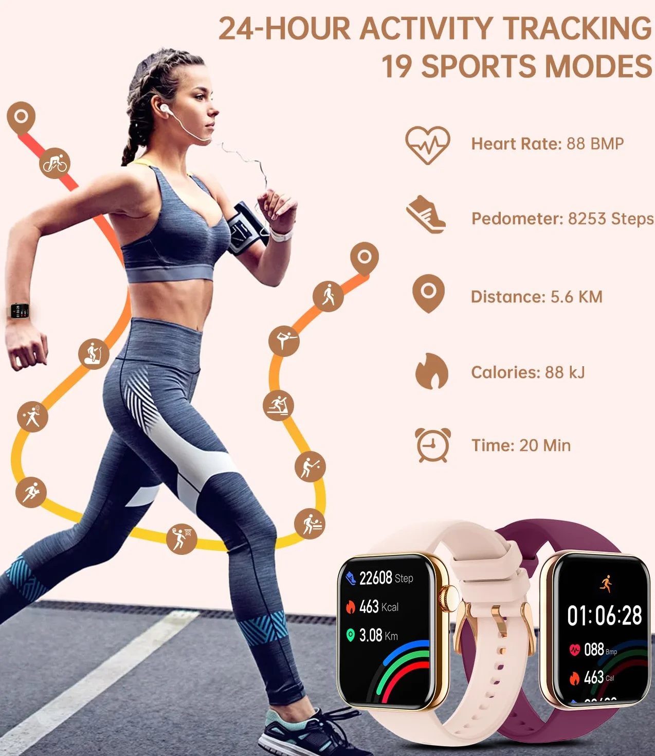 zegarek damski połączony z połączeniami i powiadomieniami, smartwatch damski monitor snu, krokomierz kalorii serca