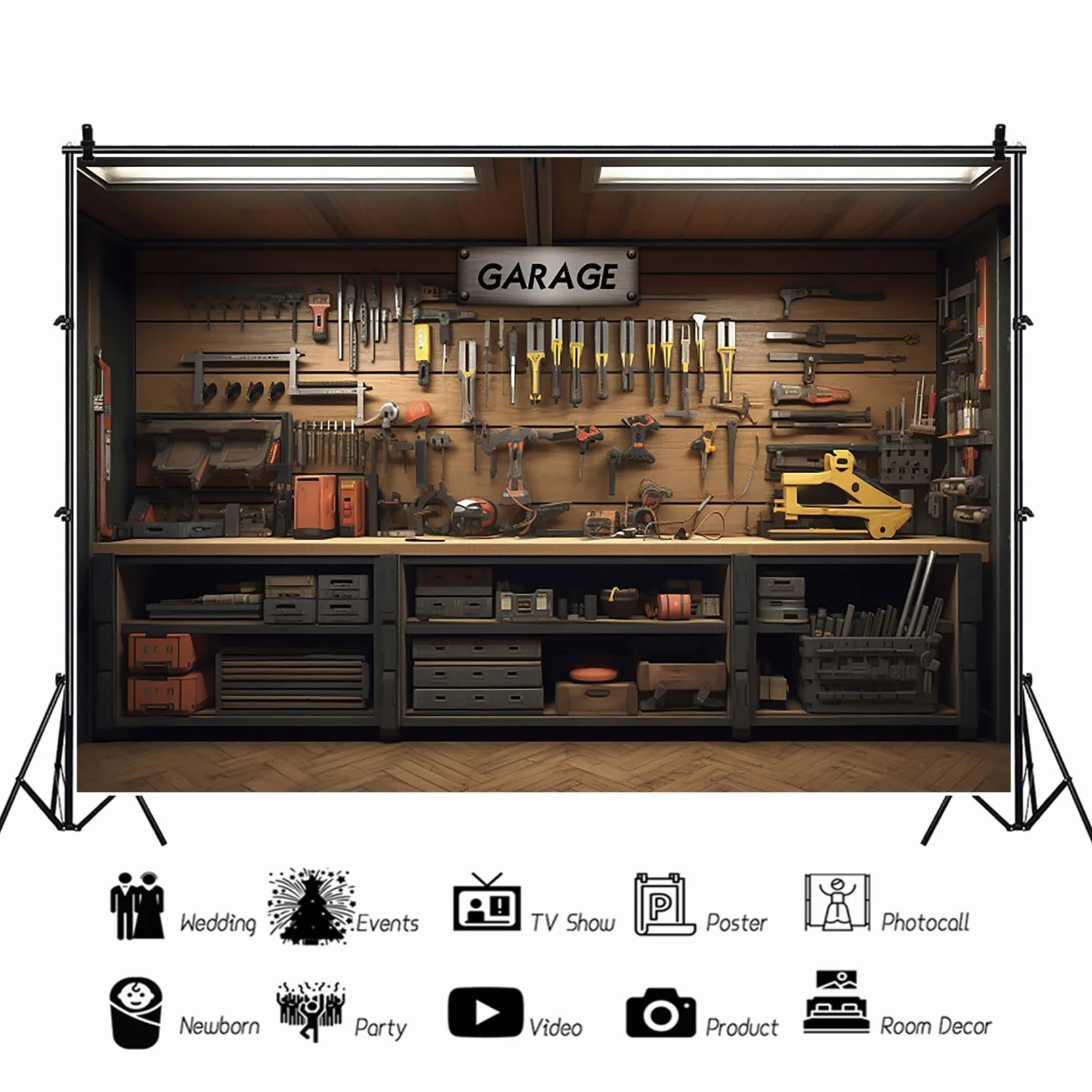 4,5 x 3 m tło garażowe vintage wnętrze samochodu naprawa klucz szczypce drewniana szafka skrzynka narzędziowa półka fotografia tło portret sesja zdjęciowa studio rekwizyty maszynowe