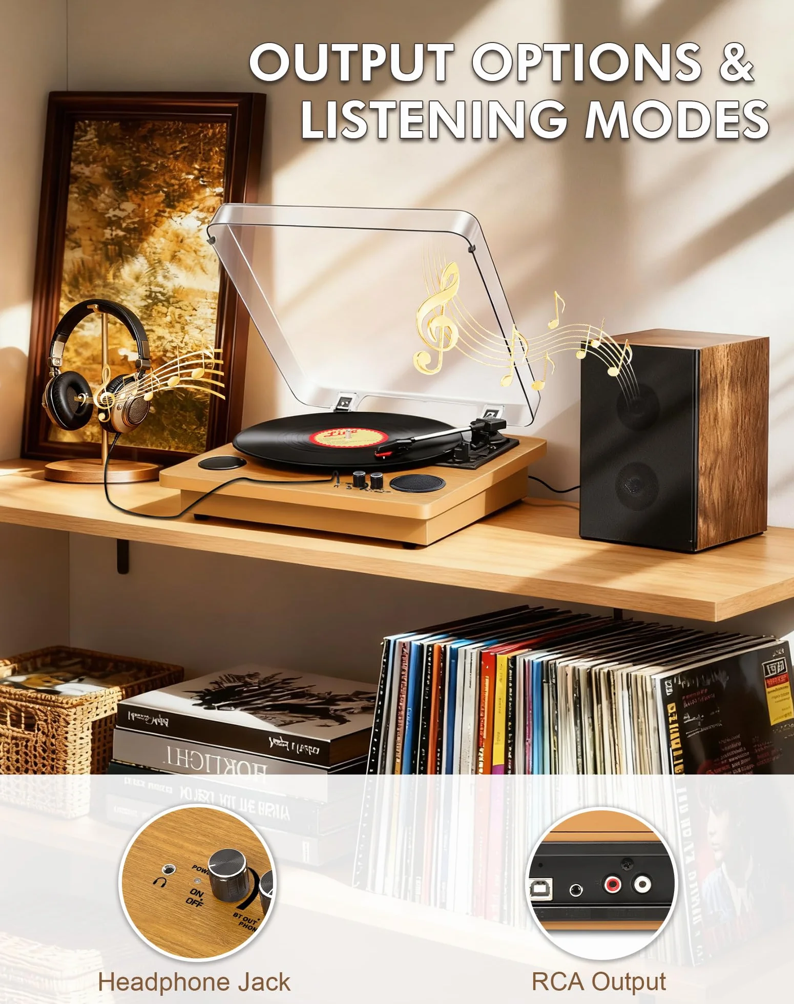 VIFLYKOO Gramofon Bluetooth 5.4,Gramofon z 2 Głośnikami Stereo, Bezprzewodowy 3-biegowy 33/45/78 obr./min, Retro Gramofony Obsługuje Wejście Słuchawkowe/Wejście AUX/Wyjście RCA/USB