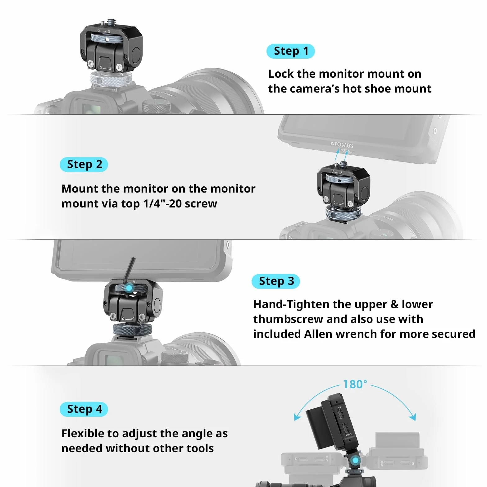 SMALLRIG Camera Monitor Mount Lite z zimną stopką, obracanie 360 ° i pochylenie 180 ° do monitora polowego, LED, lampa błyskowa, maksymalna nośność 90 ° pochylenie 3,2 kg - 3809