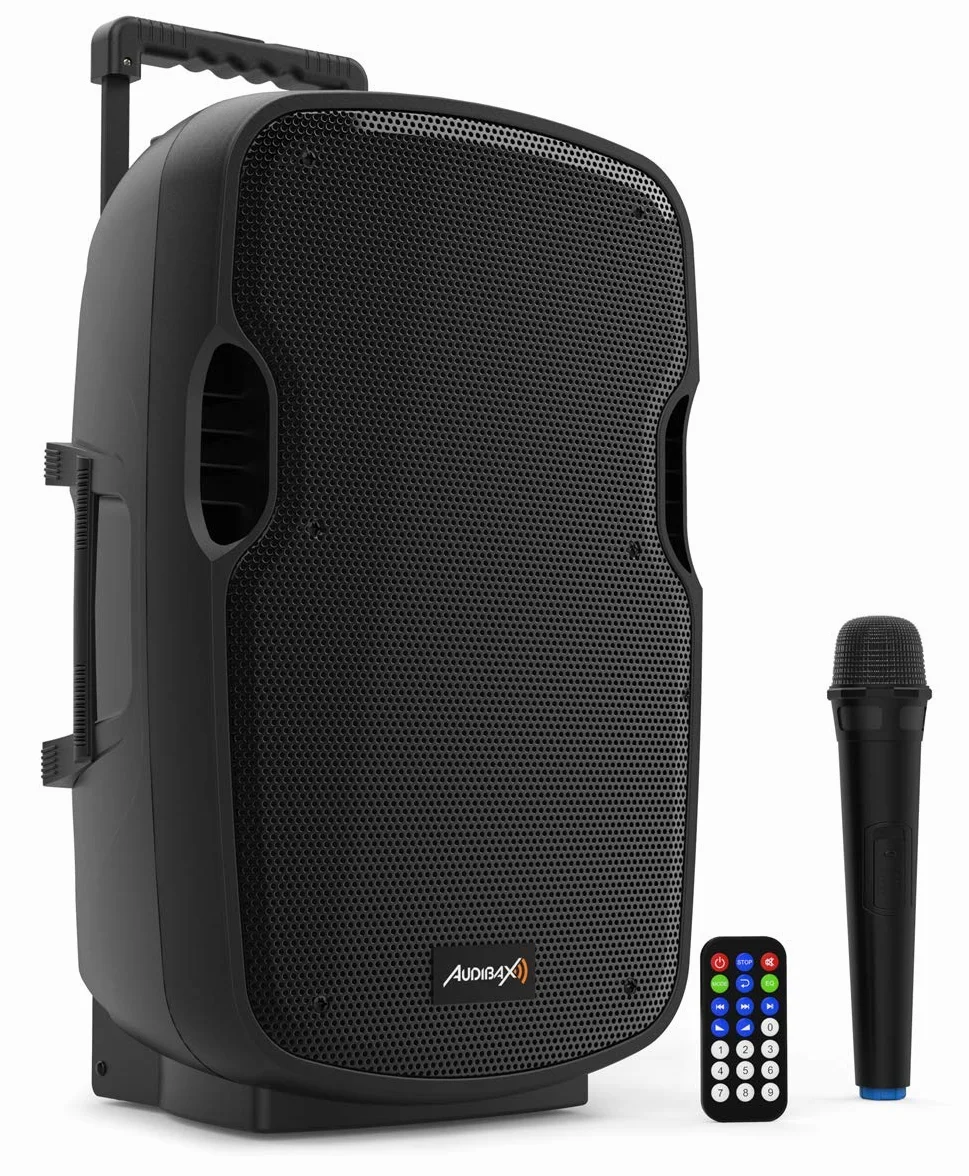 Audibax | Denver Combo Port 10" głośnik VHF - głośnik Bluetooth z USB/SD - system wózka - bateria + kabel AC 12 V - ekran LCD - bezprzewodowy mikrofon - czarny - 385 x 325 x 565 mm