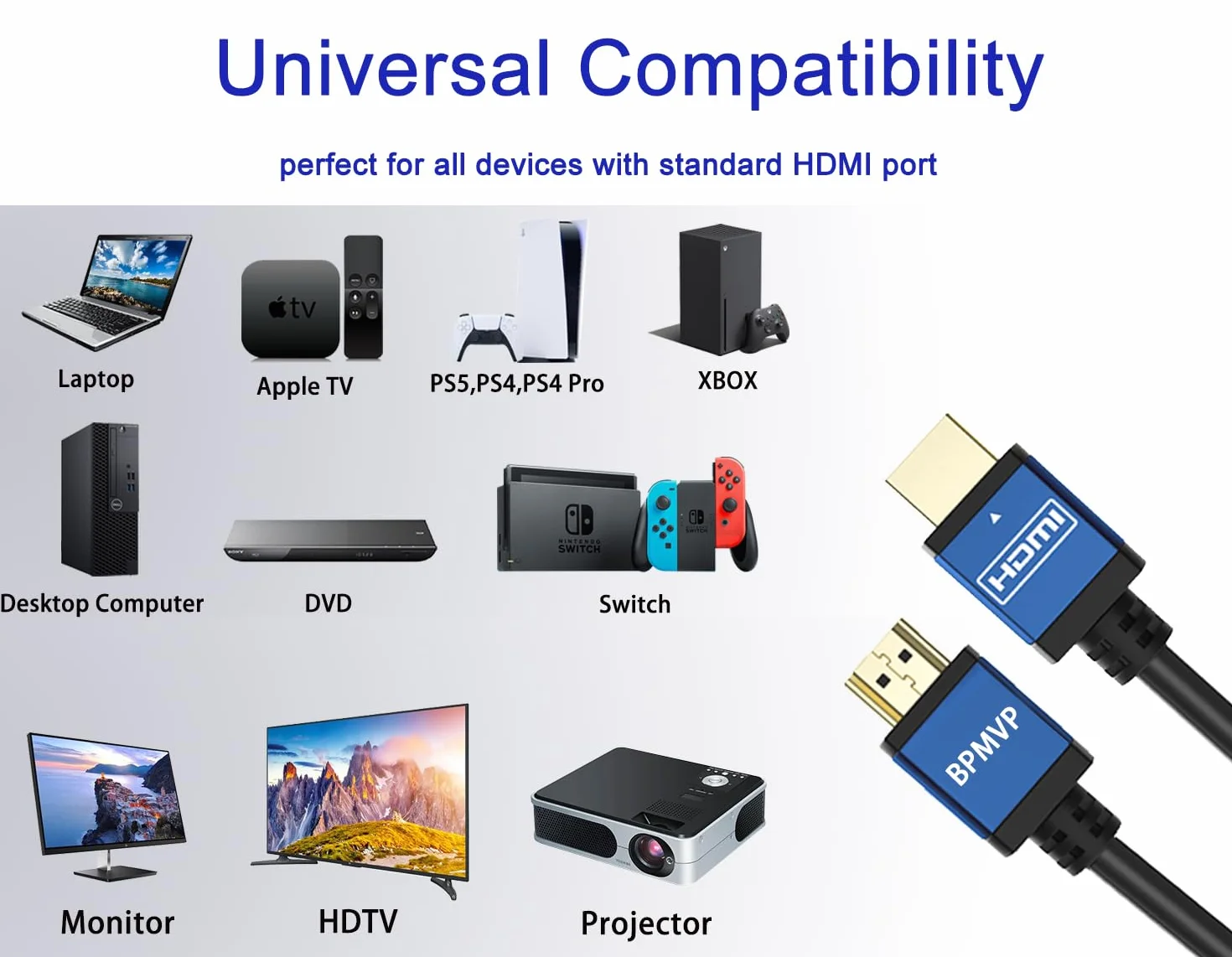 BPMVP Kabel HDMI 4K, 4,57 m, Ultra HD, High Speed, 4K60Hz, HDMI 2.0, obsługuje 4K, 2160P, 1080P, 3D, Ethernet i Audio Return (ARC), HDR, przepustowość 18 Gbit/s, HDCP2.2