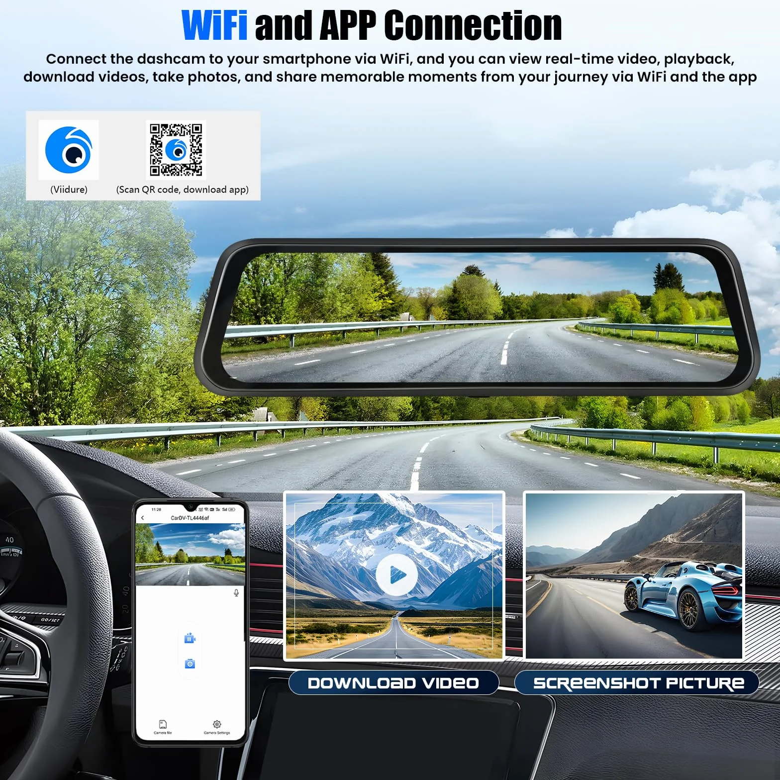 CAMECHO 9,66″ 2K ekran dotykowy w lusterku wstecznym samochodowym trzykrotna kamera przednia wewnętrzna tylna nagrywanie cykliczne z GPS czujnikiem grawitacji i wspomaganiem parkowania