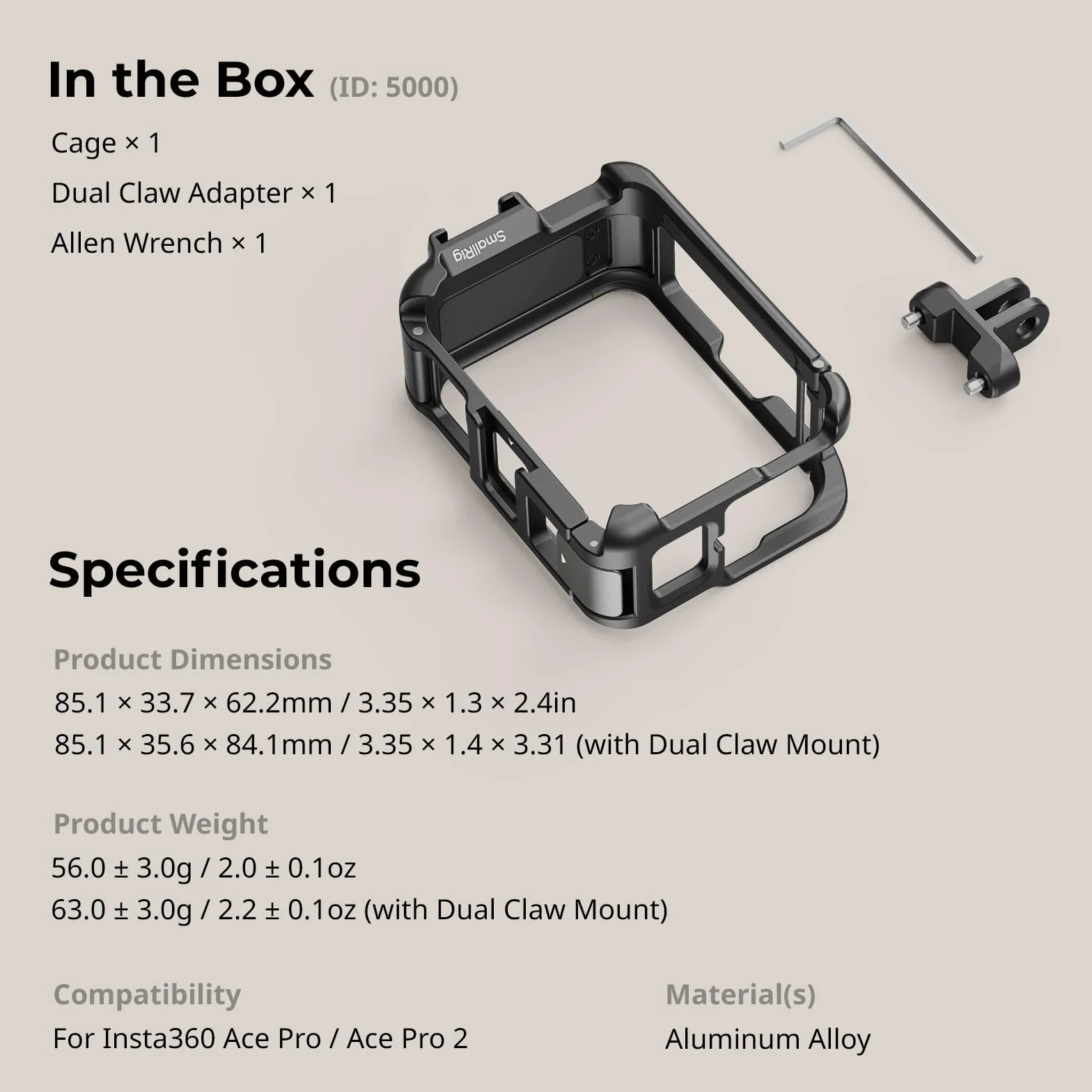 SmallRig Utility Frame Cage do Insta360 Ace Pro 2 / Ace Pro, obsługuje poziome i pionowe zdjęcia, rama montażowa kamery akcji z pazurem montażowym i zimną stopką - 5000