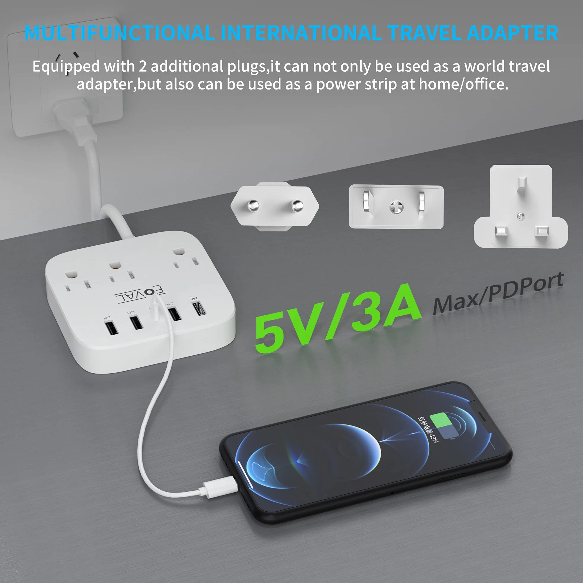 Europejski adapter podróżny FOVAL UE UK USA listwa zasilająca z USB C i 4 portami USB, 3 gniazda AC, montaż na ścianie, przedłużacz 1,5 m, kompaktowy do podróży, statku wycieczkowego, domowego biura