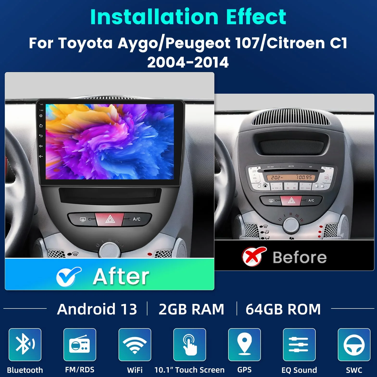 Radio samochodowe 2G+64G Android 13 do Toyota Aygo/Peugeot 107/Citroen C1 2004-2014, 10,1-calowy ekran dotykowy stereo, bezprzewodowe Carplay i Android Auto/GPS/WiFi/Bluetooth/EQ/FM RDS Radio
