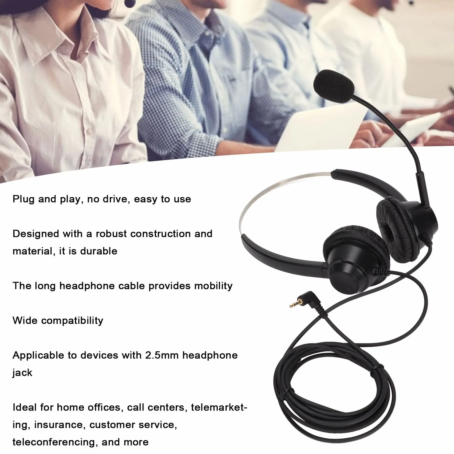 Zestaw słuchawkowy H360D-2.5 do call center, przewodowe stereo z mikrofonem HD, biznesowy, wtyczka 2,5 mm, czarny