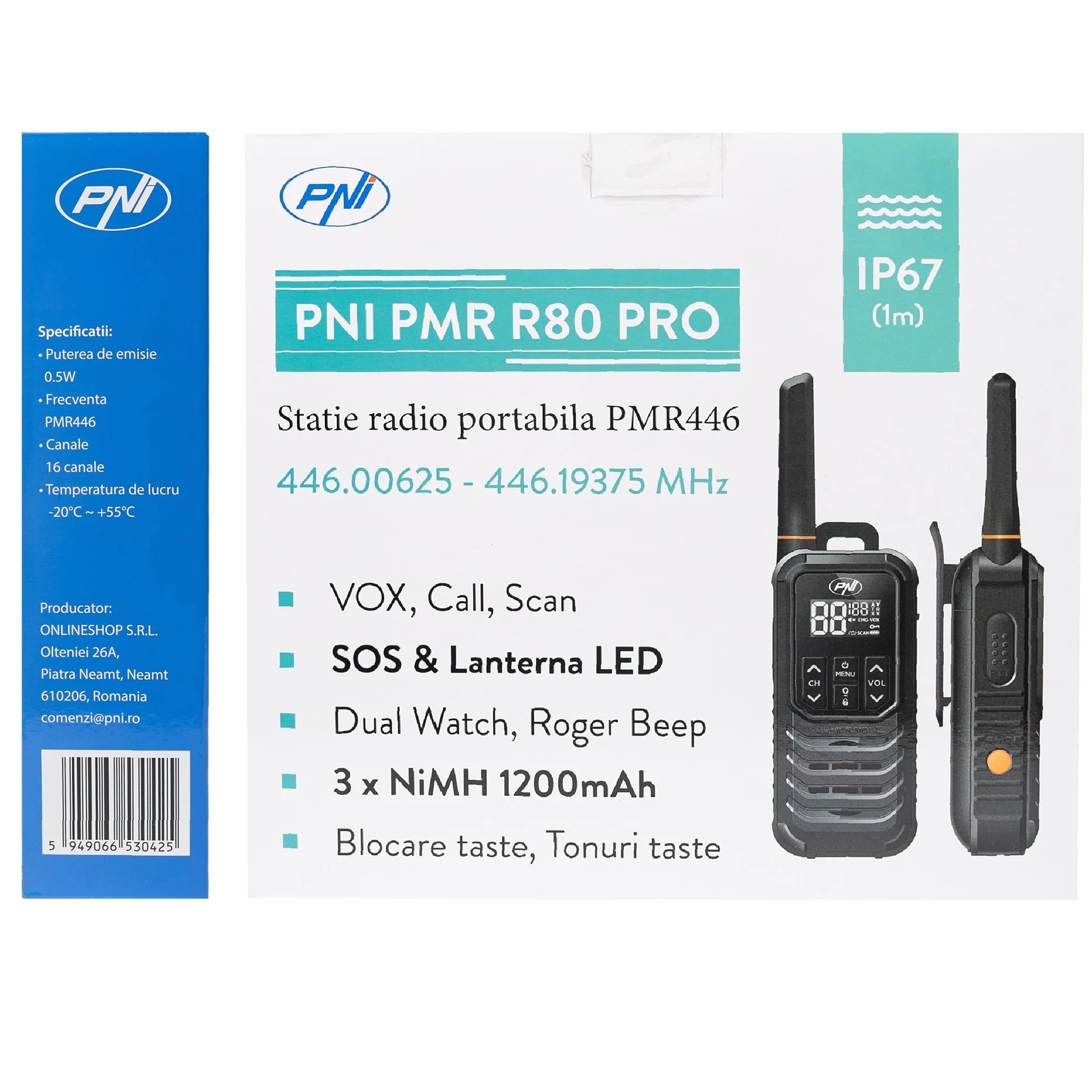 Przenośna stacja radiowa PNI PMR R80 PRO, zestaw 2 sztuk, 0,5W, 16 kanałów, Wodoodporna IP67, z latarką LED, przyciskiem SOS, VOX, USB-C