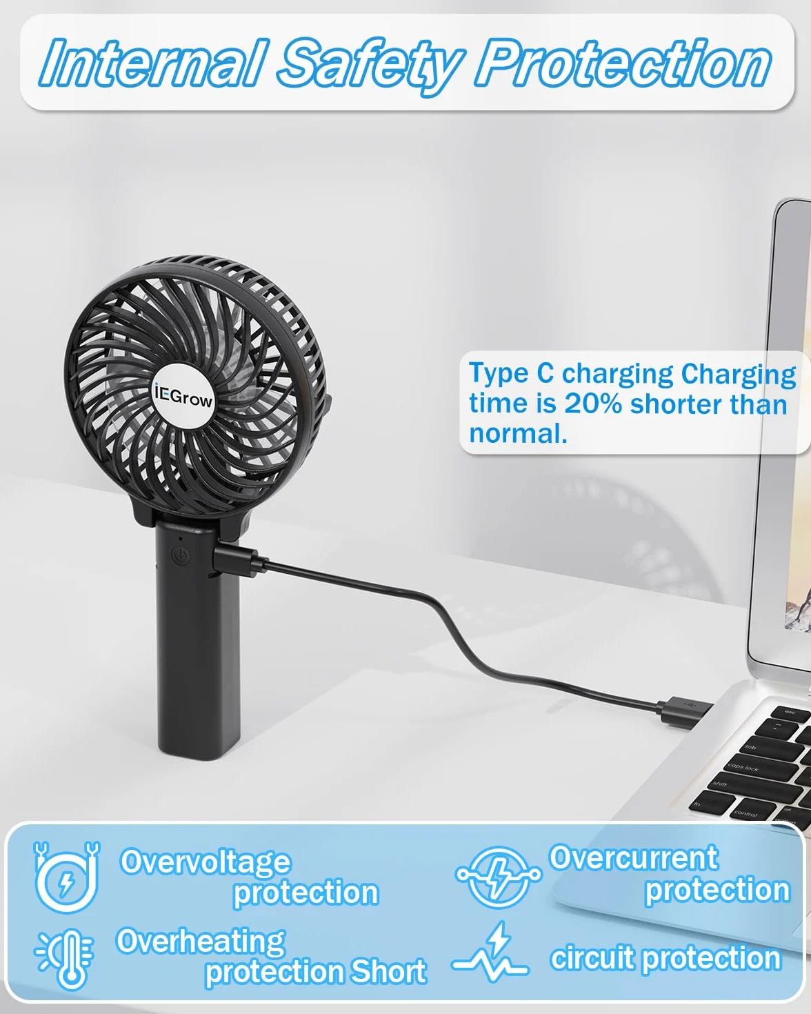 iEGrow USB Ventilator Leise Mini Handventilator Ventilatoren Lüfter mit Batterie Farbe (Schwarz)