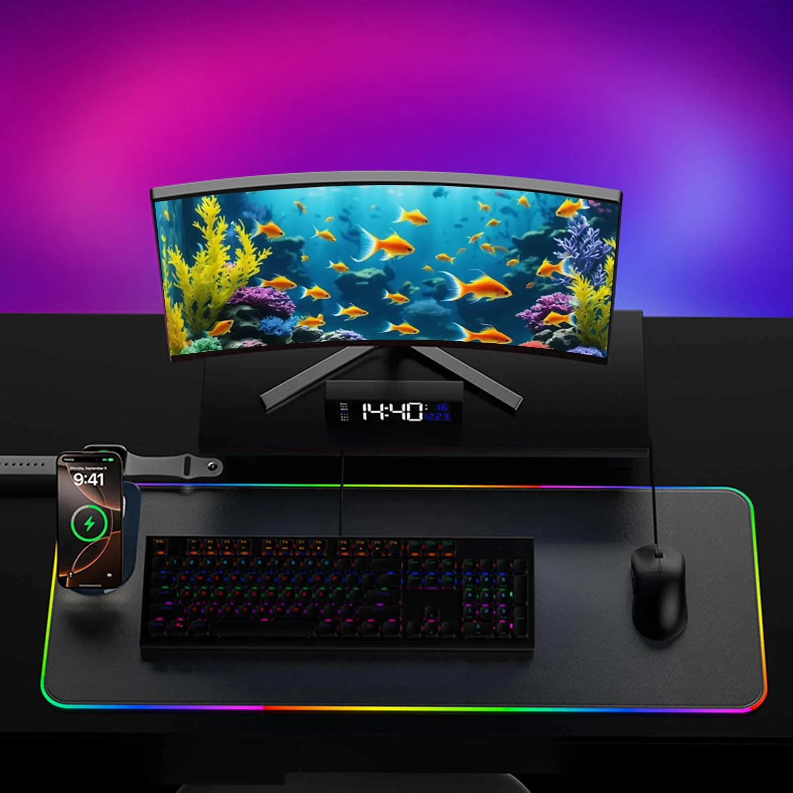 Podkładka Biurkowa z Ładowarką Bezprzewodową Gumowa Mata 15W | Bardzo Duża 80x30x0.4 cm Gumowa Podkładka RGB Do Gier, PC, Zegarka, Laptopa, Biura i